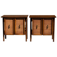 Mid Century Walnut Floating Nightstands with Cane Panel Doors