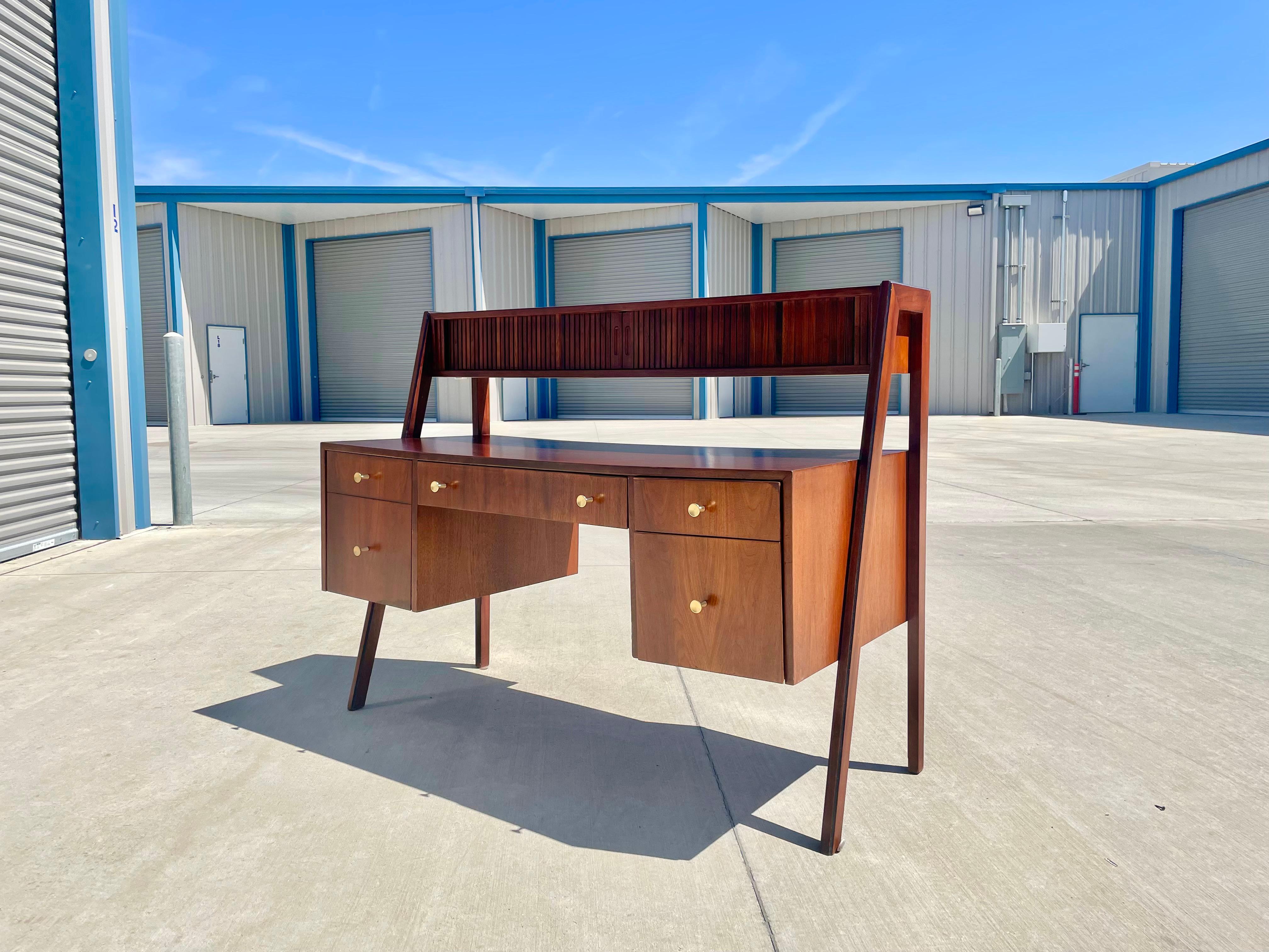 Brass Midcentury Walnut Floating Tambour Desk Attributed to Glenn of California For Sale