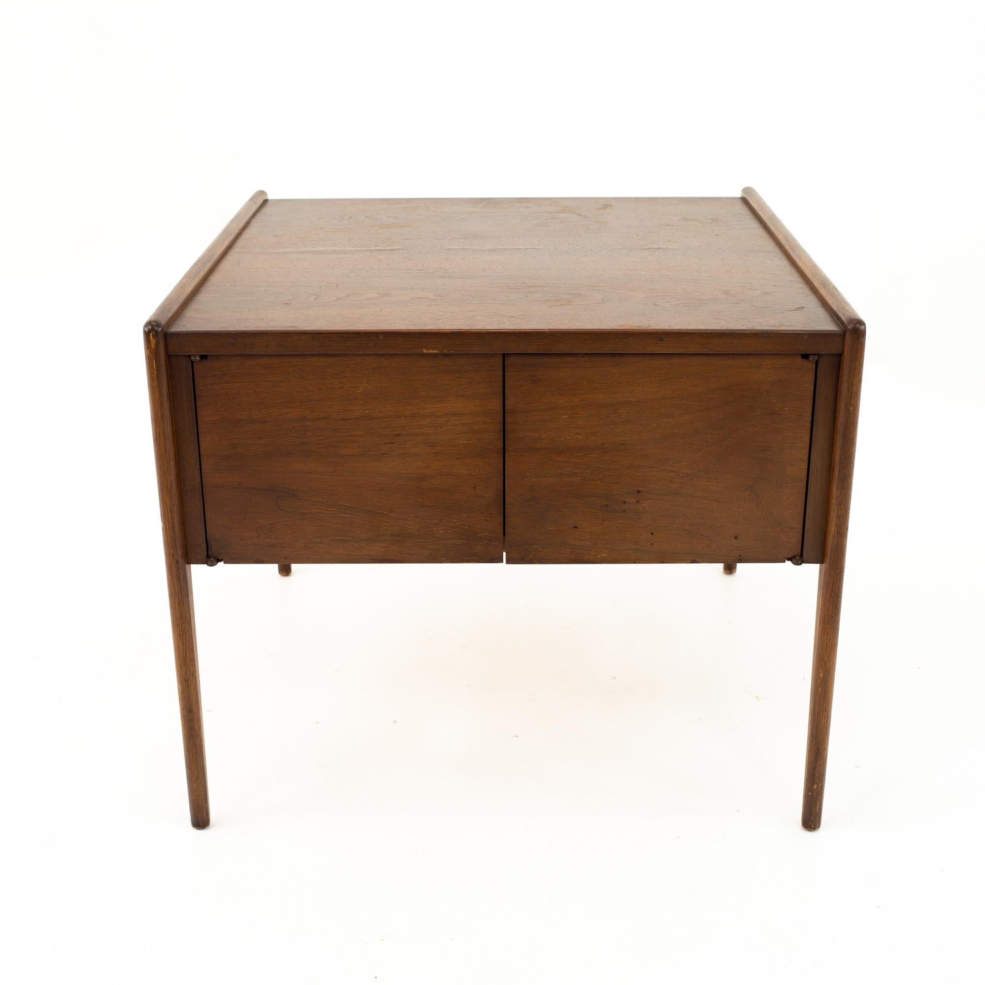 Mid Century walnut foyer entry console
Console measures: 24 wide x 24 deep x 20 high

All furniture can be had in what we call restored vintage condition. This means the piece is restored upon purchase so it’s free of watermarks, chips or deep