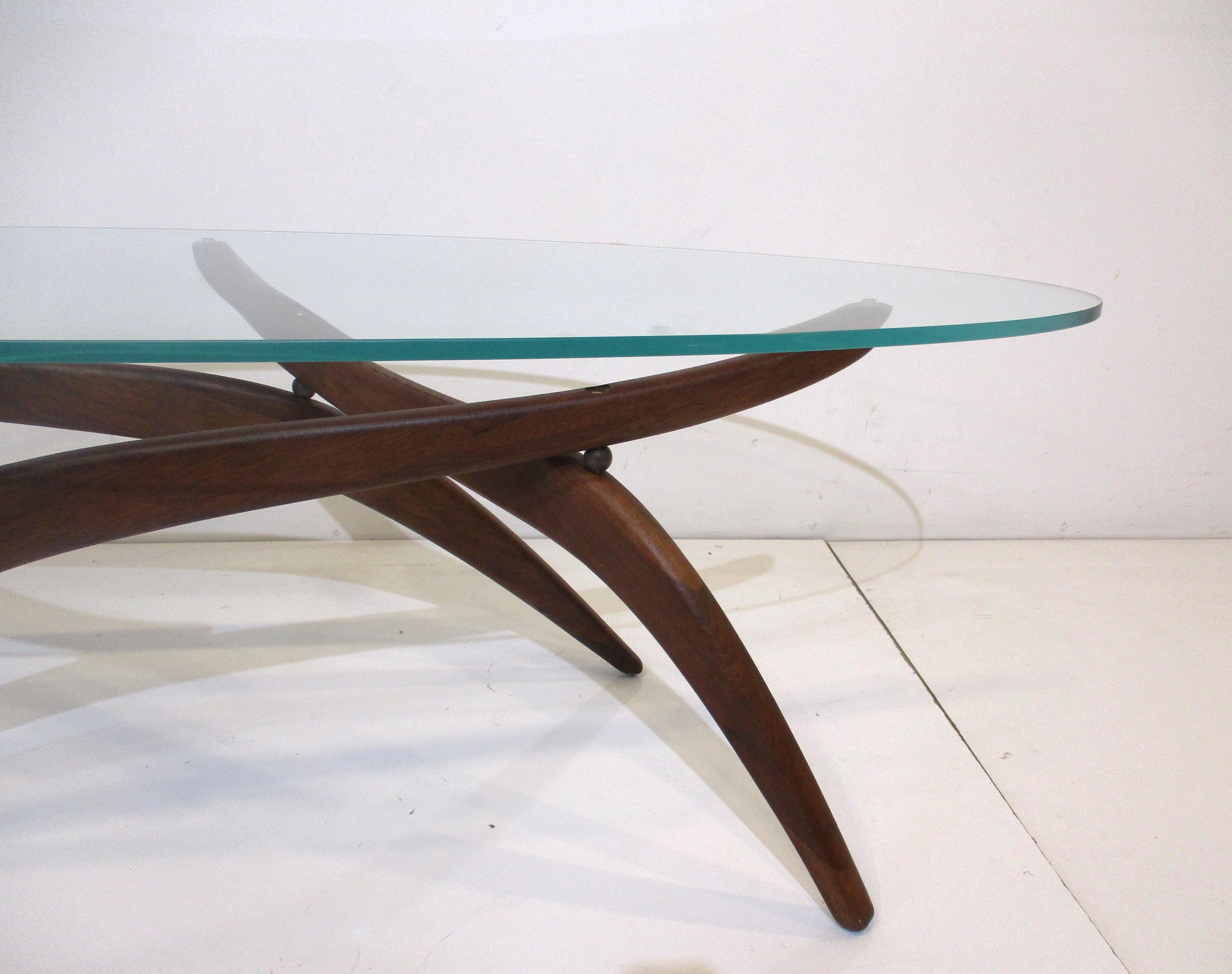 Mid Century Walnut Glass Coffee Table by Forest Wilson in the style of Pearsall In Good Condition In Cincinnati, OH