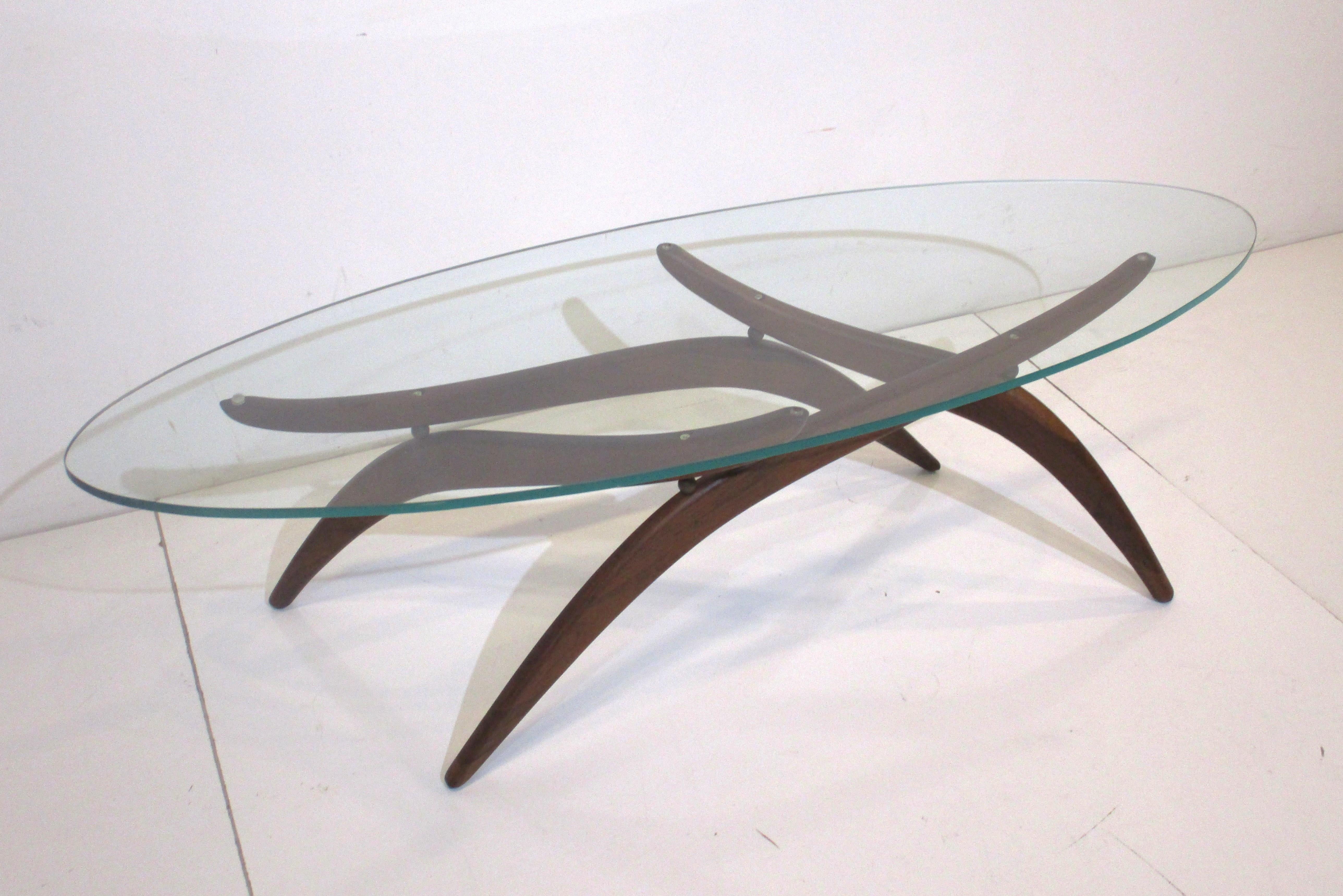 Mid Century Walnut Glass Coffee Table by Forest Wilson in the style of Pearsall 1