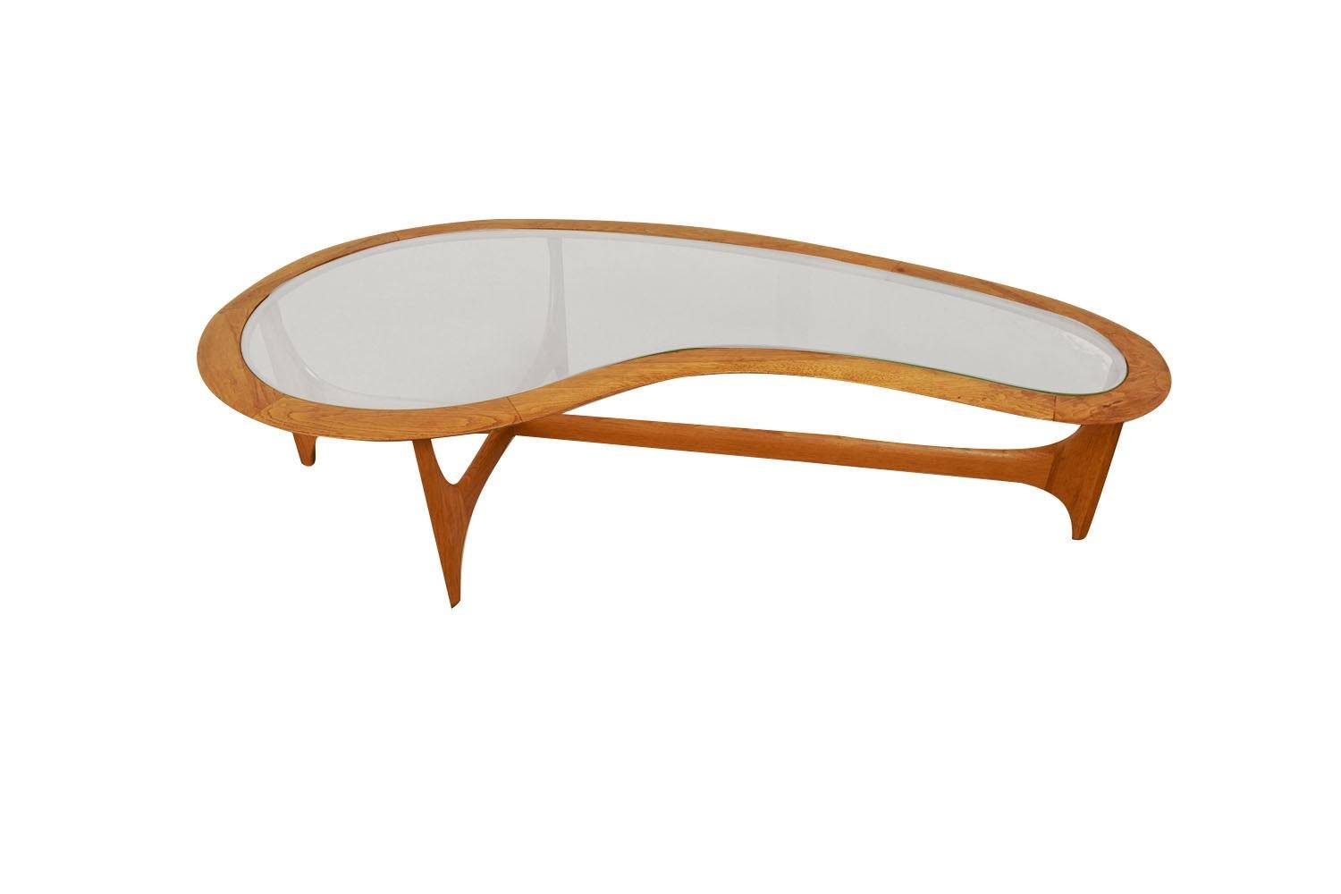 Exceptional and beautiful large, Mid-Century Modern biomorphic kidney shaped glass cocktail coffee table in the style of Adrian Pearsall, circa 1960's. Rich light walnut wood frames a kidney shaped inlay of glass. The contrast of textures between