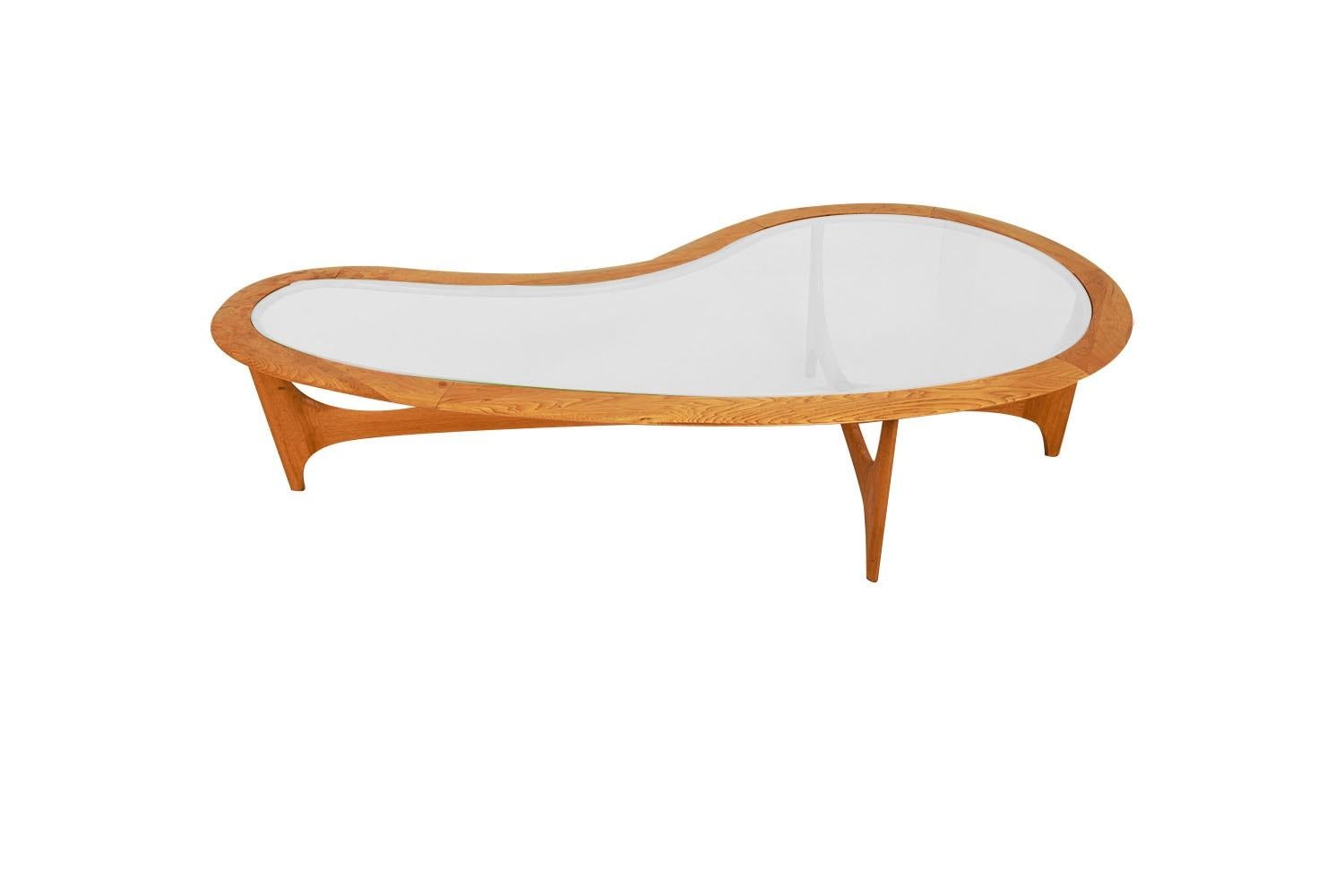 American Mid-Century Walnut Glass Kidney Shaped Large Coffee Table Adrian Pearsall Style  For Sale