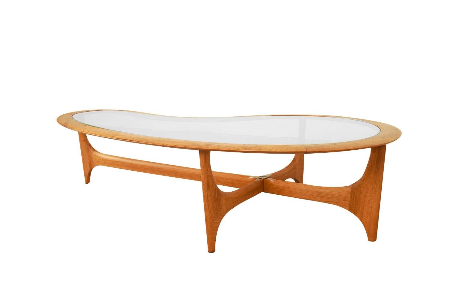American Mid-Century Walnut Glass Kidney Shaped Large Coffee Table Adrian Pearsall Style  For Sale