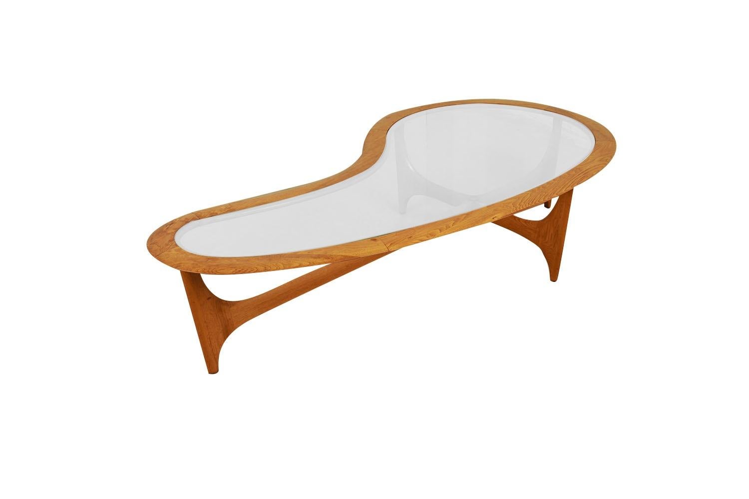 Mid-Century Walnut Glass Kidney Shaped Large Coffee Table Adrian Pearsall Style  For Sale 1