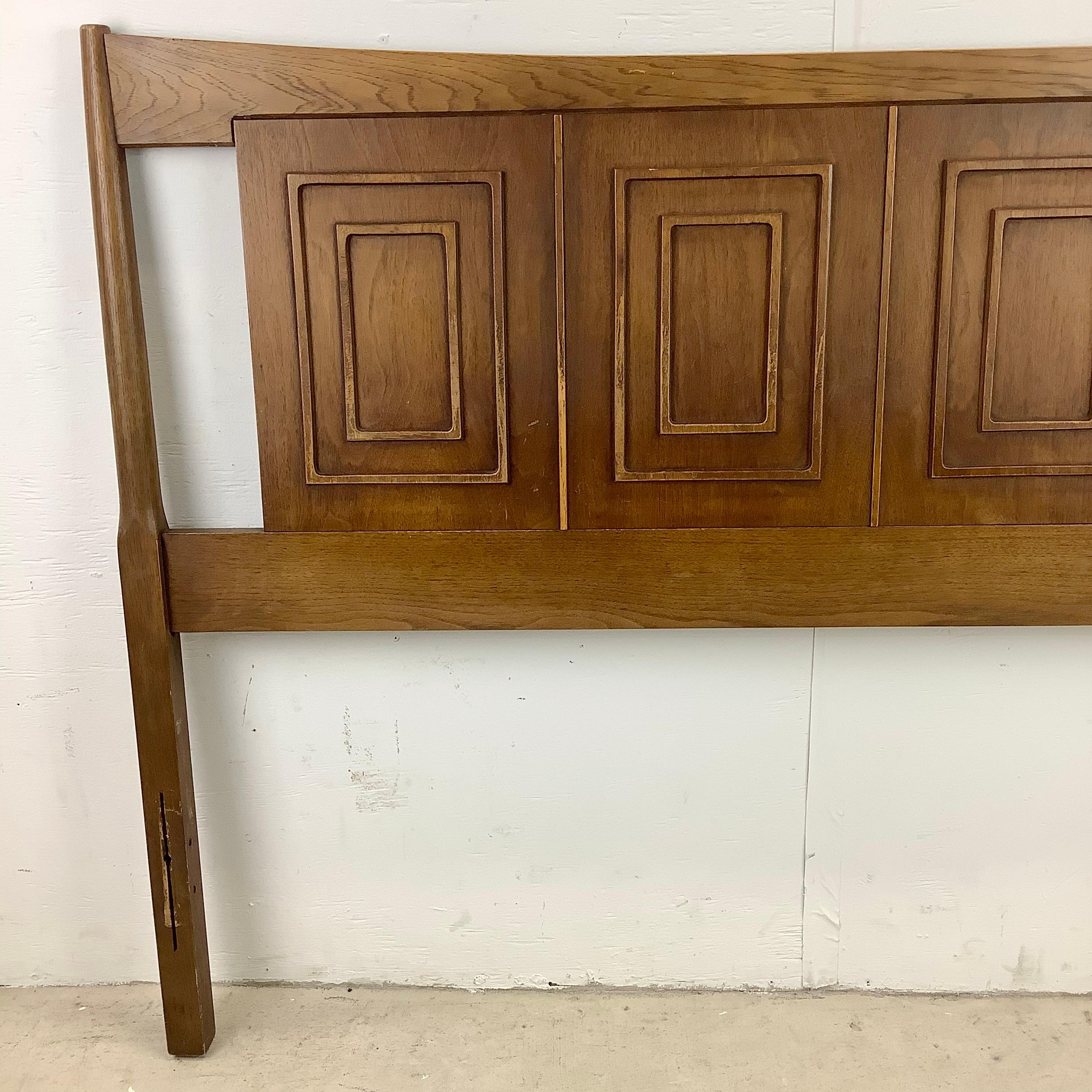 This impressive mid-century walnut headboard features vintage wood finish with striking decorative panel fronts. At fifty-five inches wide this is a great fit for your existing full size bed frame or can be modified to attach to a larger frame if