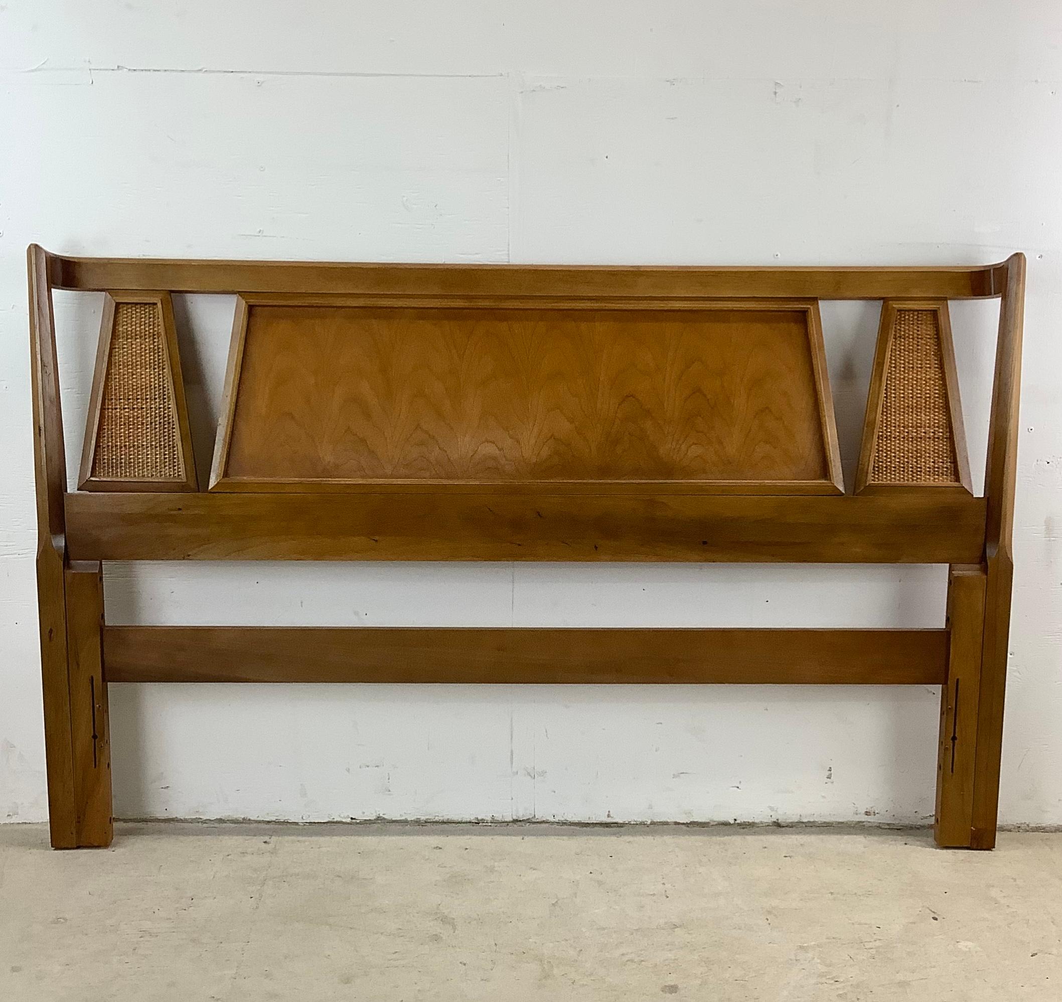 Step into a realm of vintage elegance with this mid-century walnut headboard, a masterpiece of design and craftsmanship. Crafted from rich walnut wood, this headboard brings a touch of classic mid-century modern aesthetics to your bedroom. Its clean