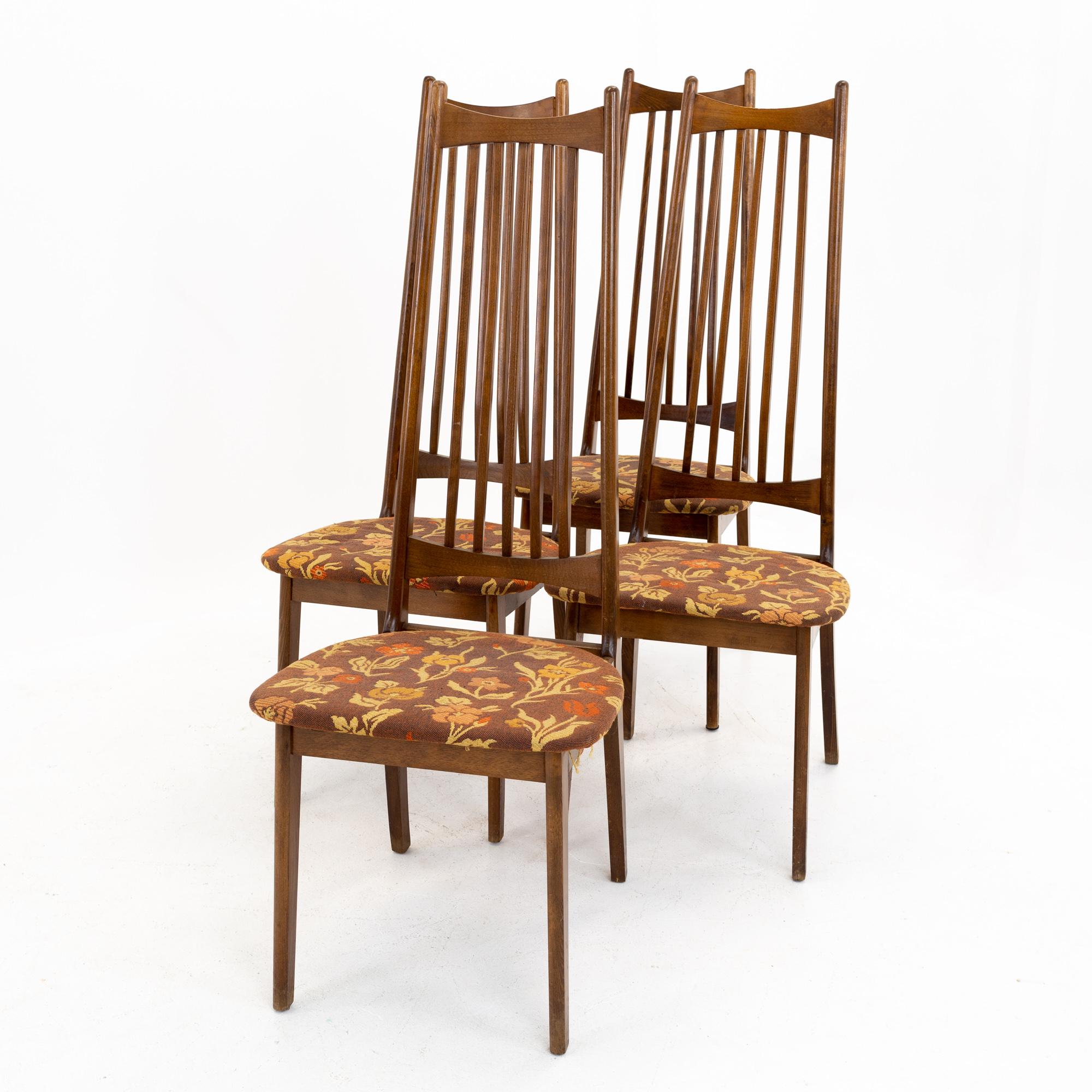 Mid century walnut highback dining chairs - set of 4
These chairs are 18 wide x 20 deep x 46 inches high, with a seat height of 17.25 inches

All pieces of furniture can be had in what we call restored vintage condition. That means the piece is