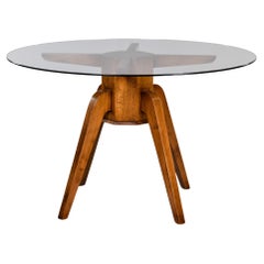 Mid Century Walnut Italian Round Table With Glass Top