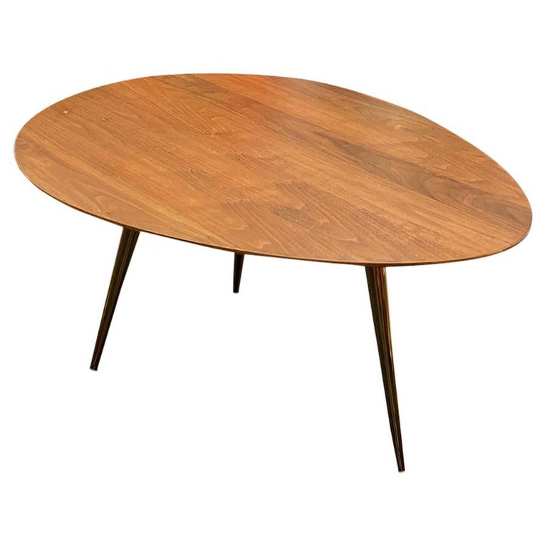 MidCentury Walnut Kidney Coffee Table Shape with Brass Gold Legs For Sale at 1stDibs