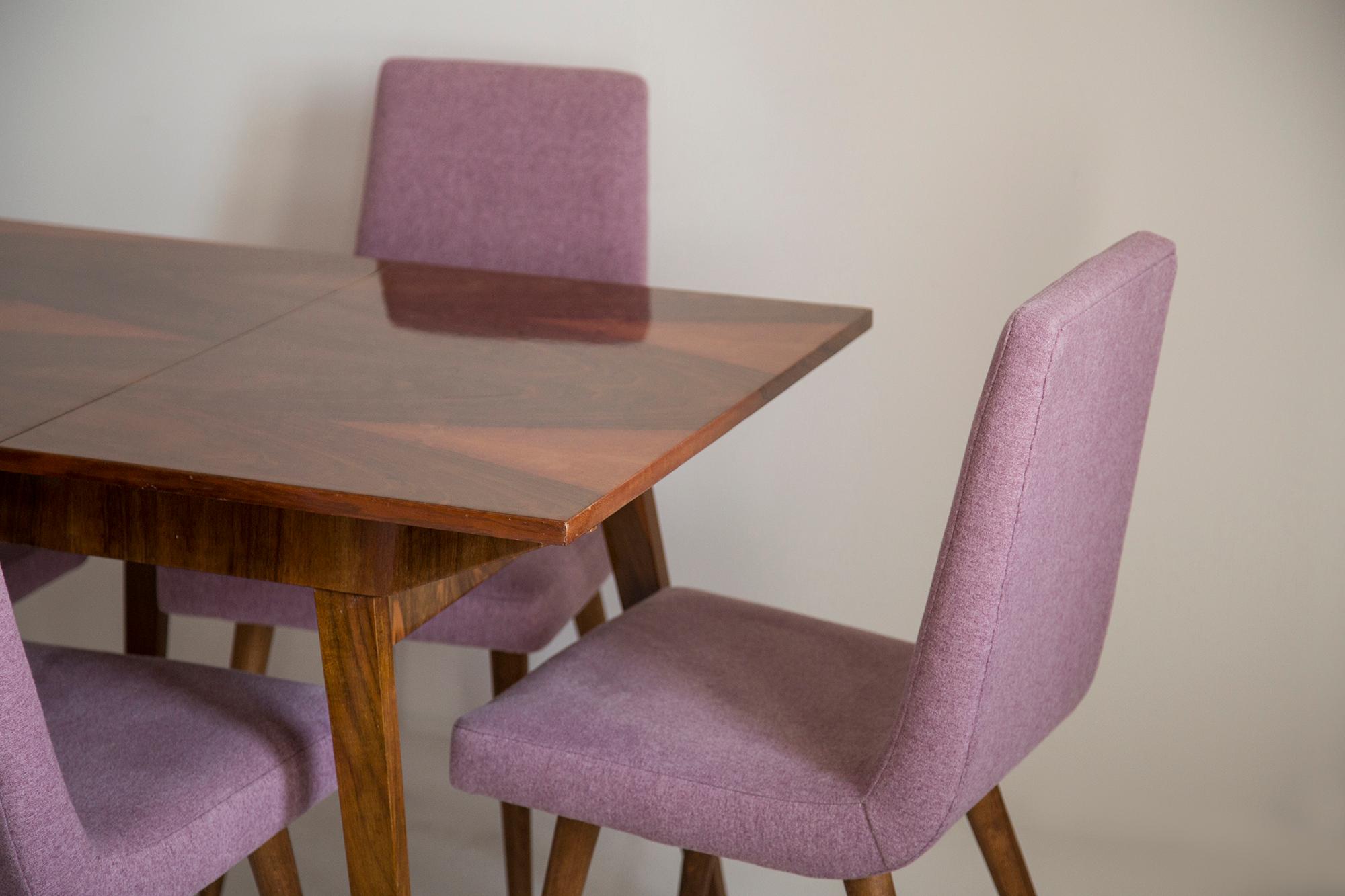 Mid-Century Modern Midcentury Walnut Kitchen Table and Chairs, Danuta Lewandowska, Poland, 1960s For Sale