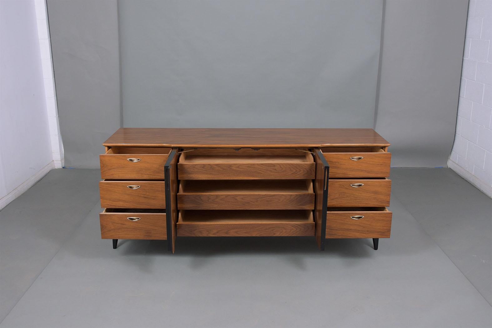 Stained Restored 1960s Mid-Century Walnut Credenza - Modern Elegance for Living Spaces For Sale