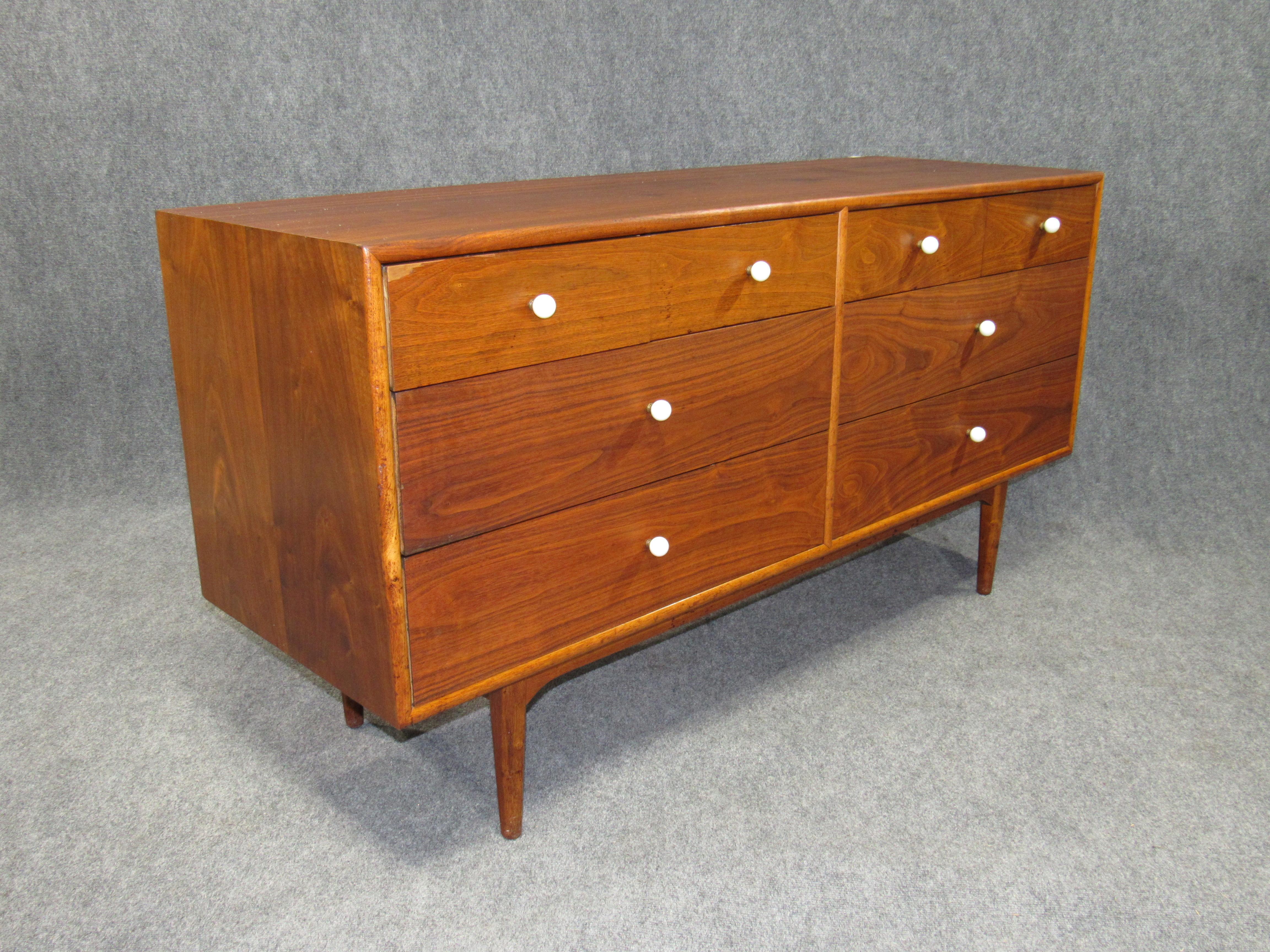 Mid-20th Century Midcentury Walnut Low and Long Chest of Drawers by Kipp Stewart for Drexel For Sale