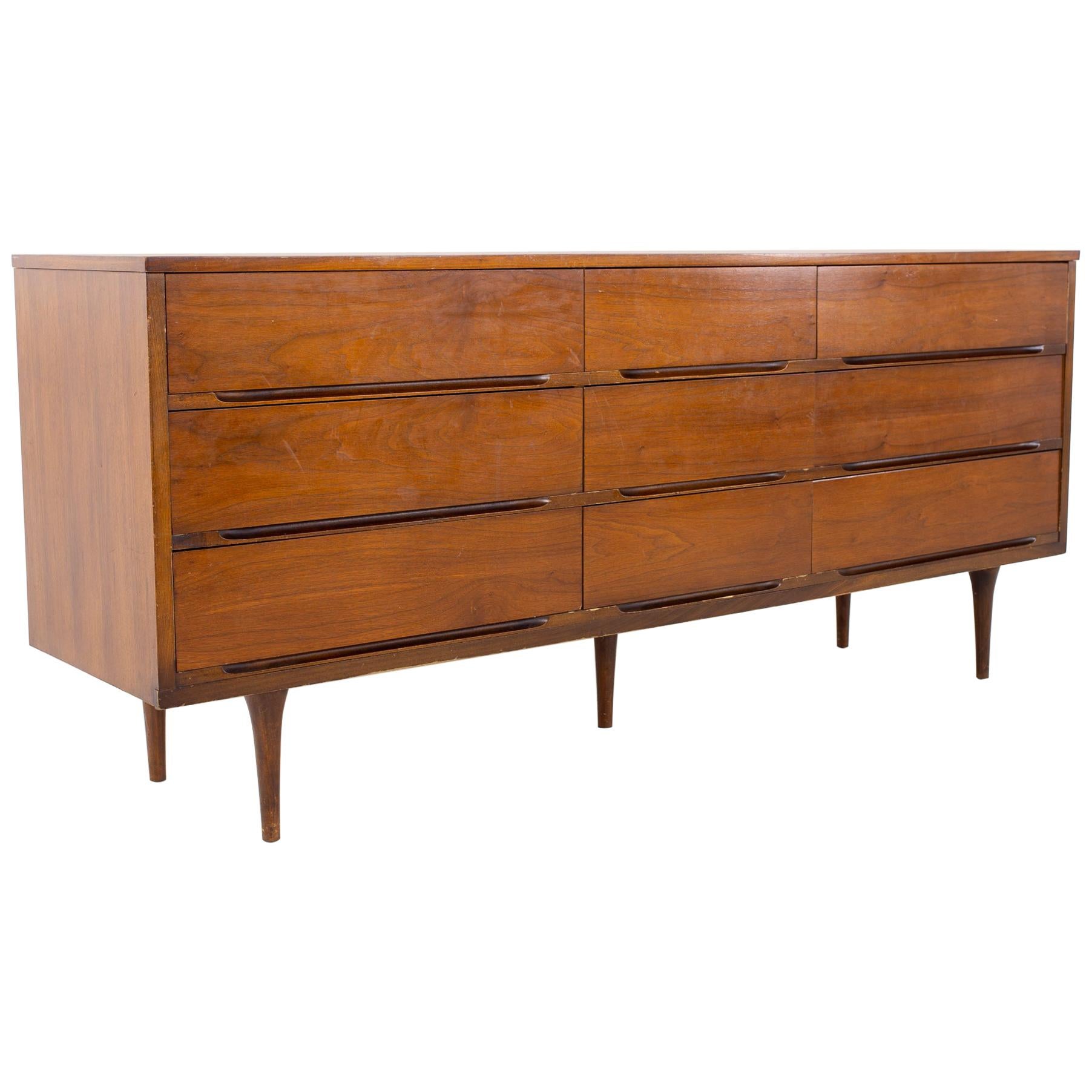 Kent Coffey Continental Mid Century Walnut and Brass 9 Drawer Lowboy