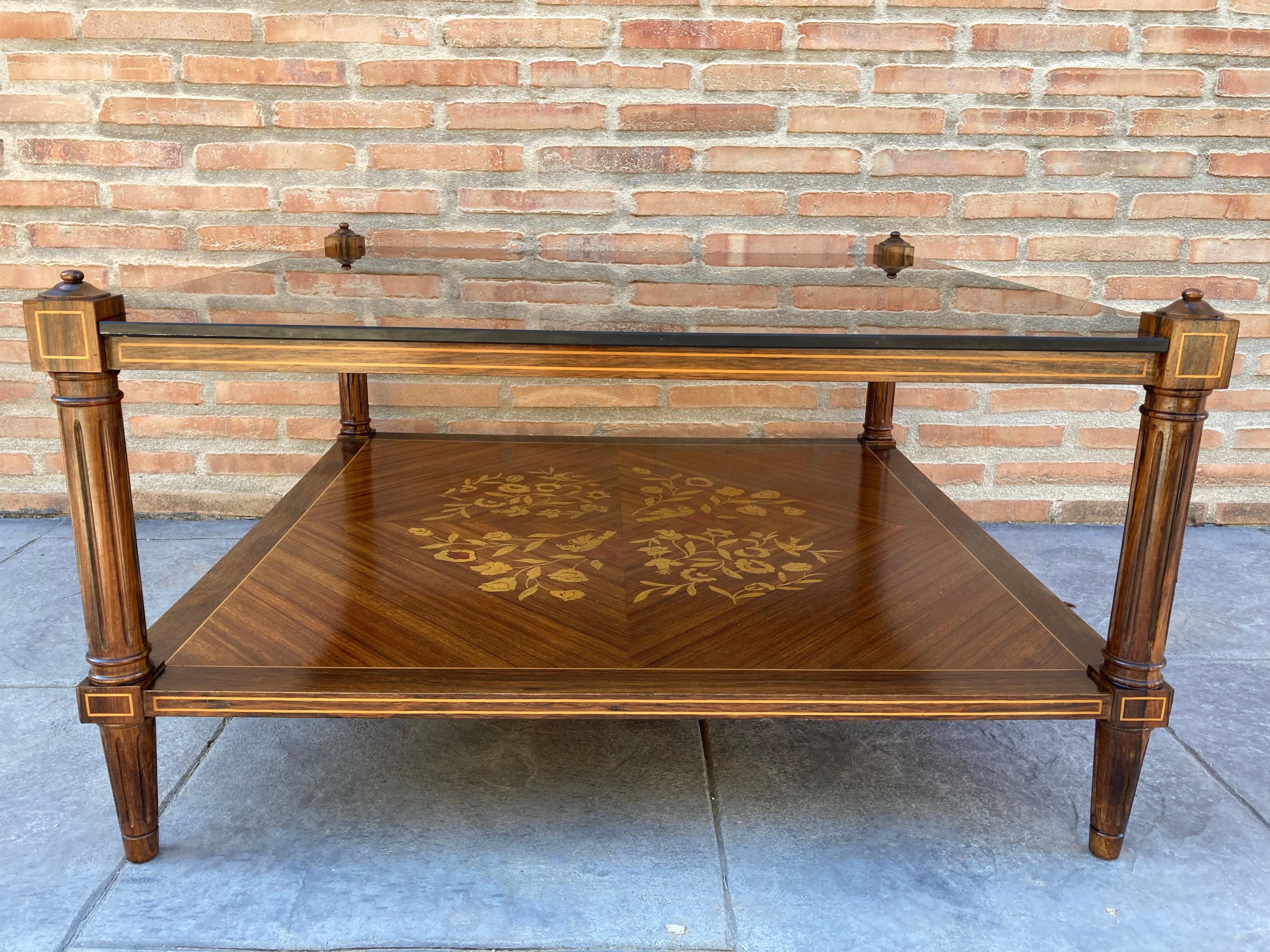 Neoclassical Mid Century Walnut Marquetry and Glass Side Table, Circa 1960 For Sale