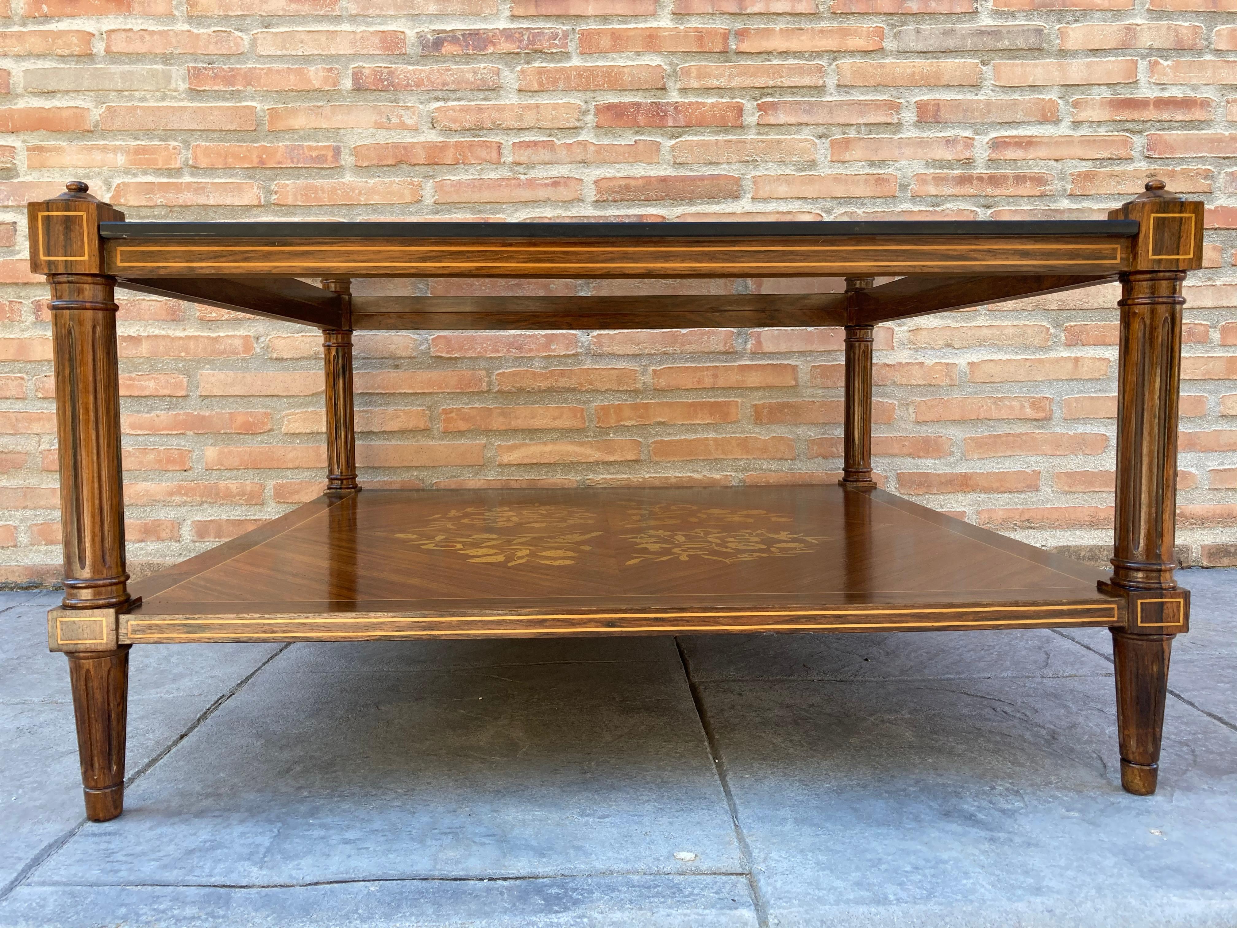 French Mid Century Walnut Marquetry and Glass Side Table, Circa 1960 For Sale