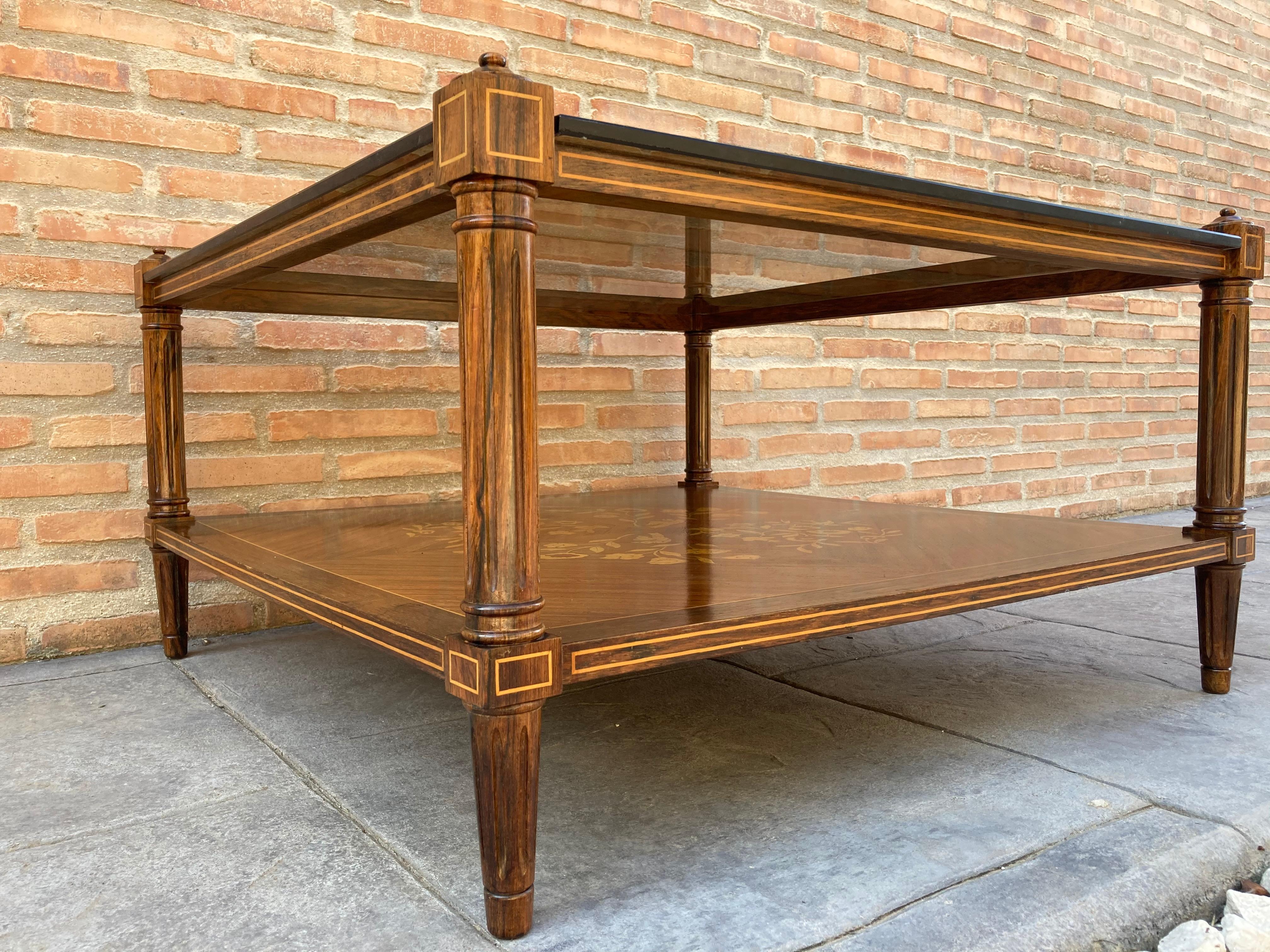 Fruitwood Mid Century Walnut Marquetry and Glass Side Table, Circa 1960 For Sale