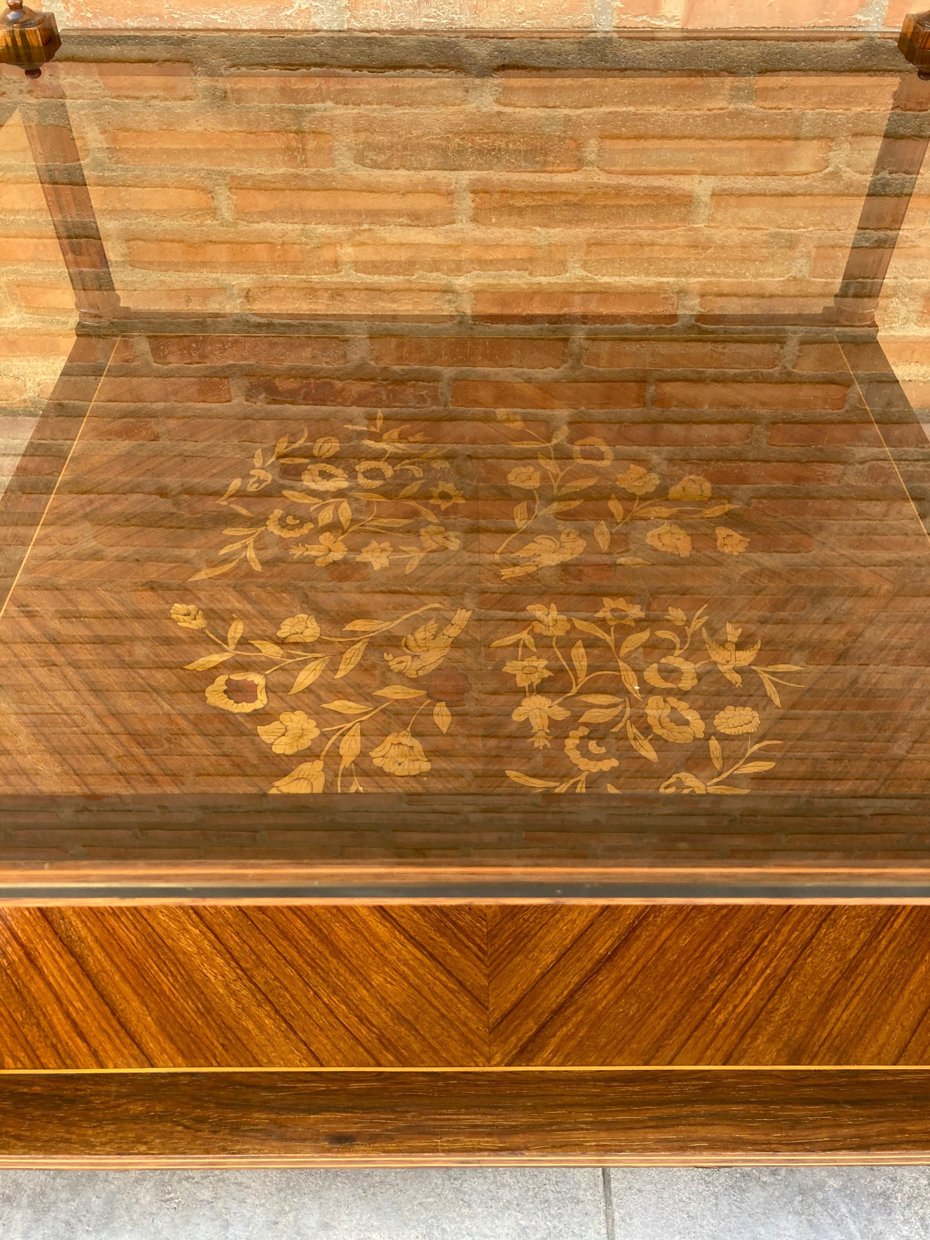 Mid Century Walnut Marquetry and Glass Side Table, Circa 1960 For Sale 1