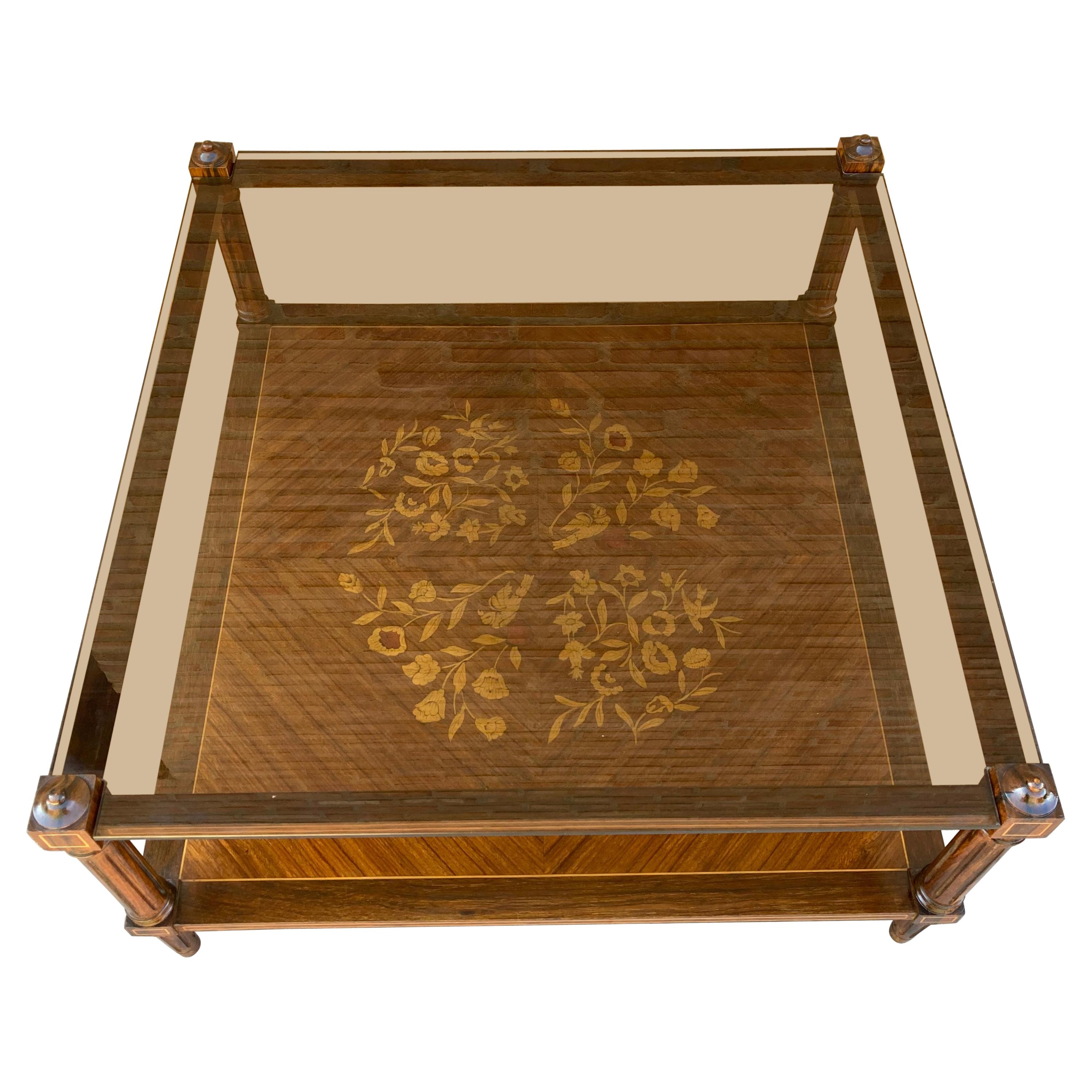 Mid Century Walnut Marquetry and Glass Side Table, Circa 1960