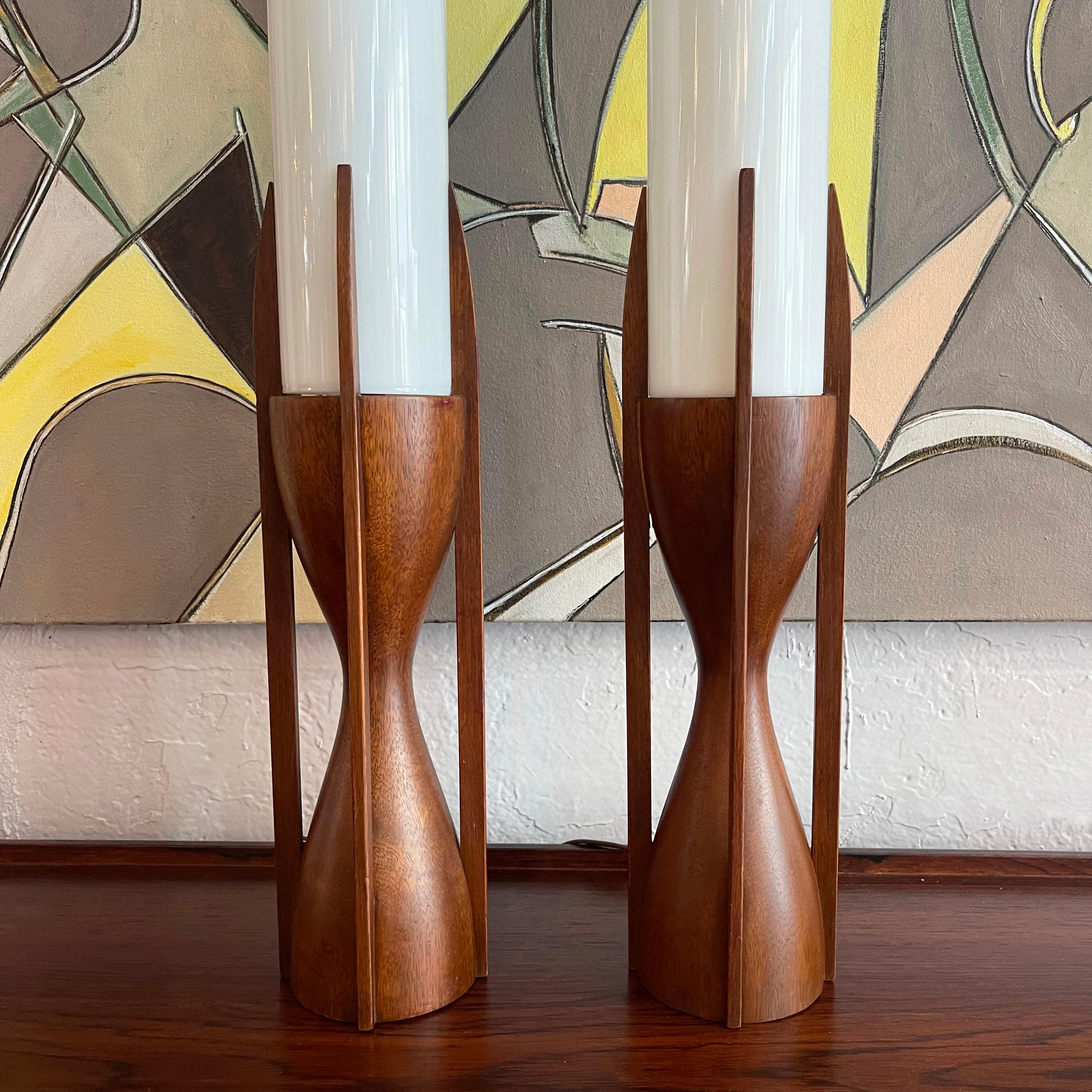 Mid-Century Modern Mid-Century Walnut Milk Glass Cylinder Table Lamps By Byron Botker For Modeline For Sale