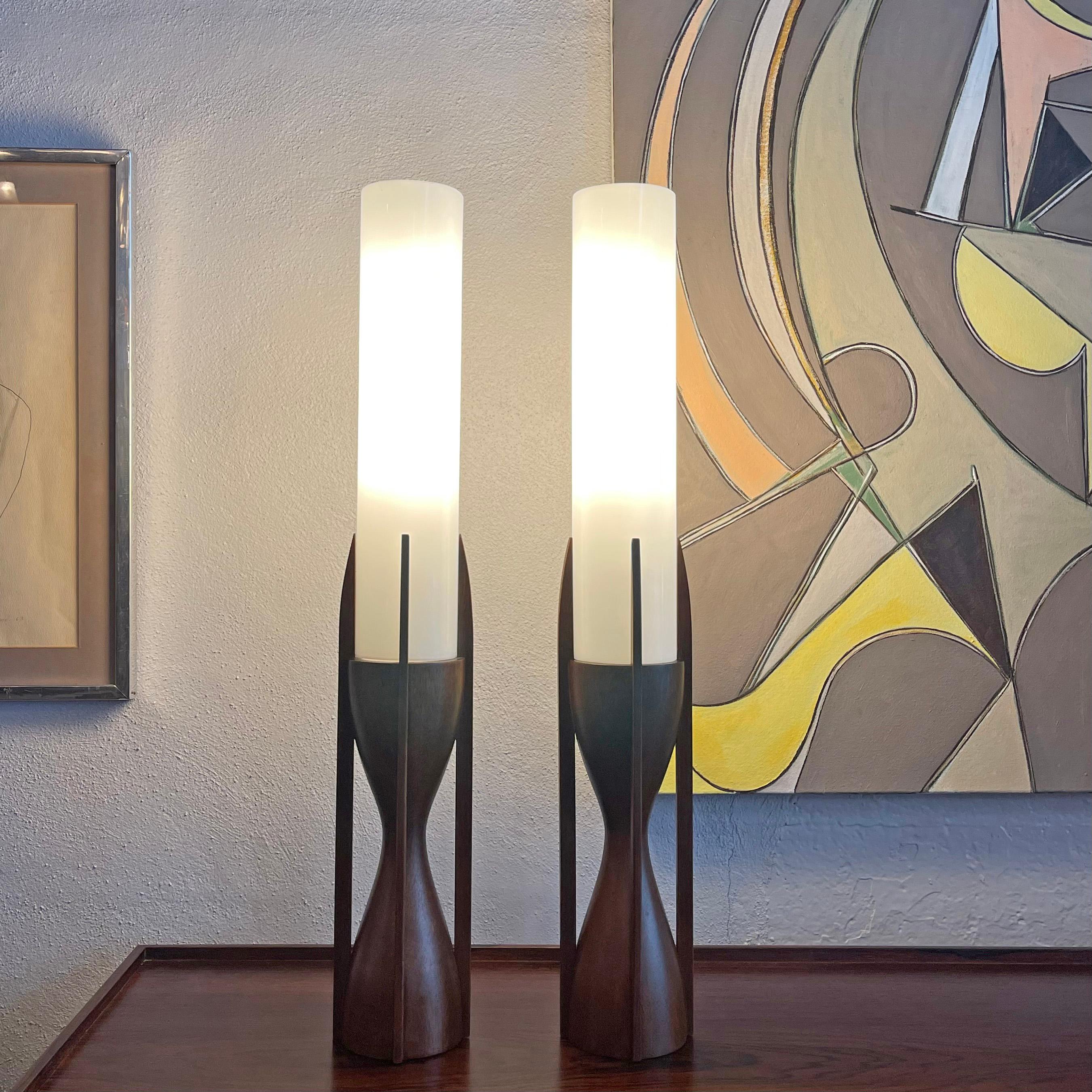 American Mid-Century Walnut Milk Glass Cylinder Table Lamps By Byron Botker For Modeline For Sale