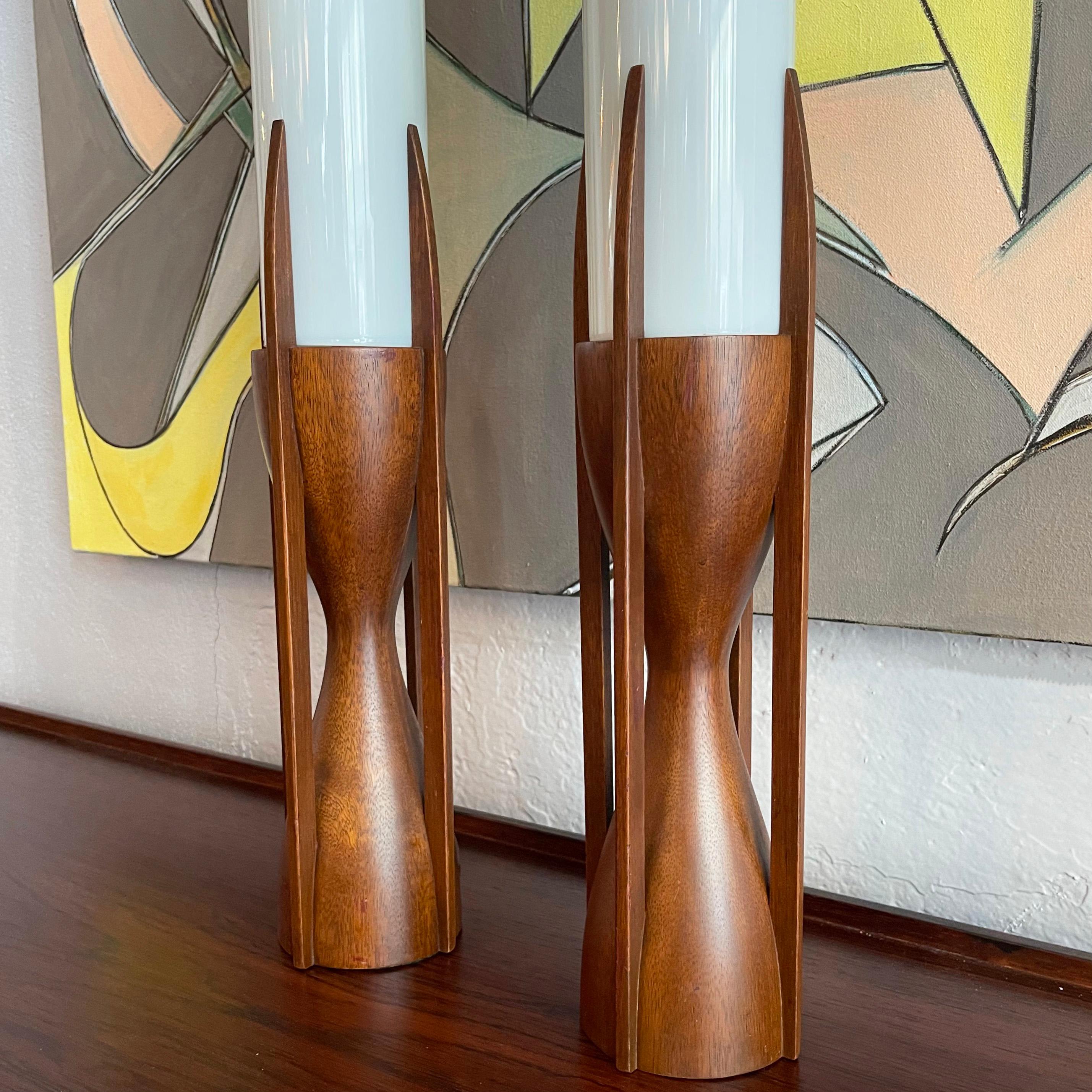 20th Century Mid-Century Walnut Milk Glass Cylinder Table Lamps By Byron Botker For Modeline For Sale