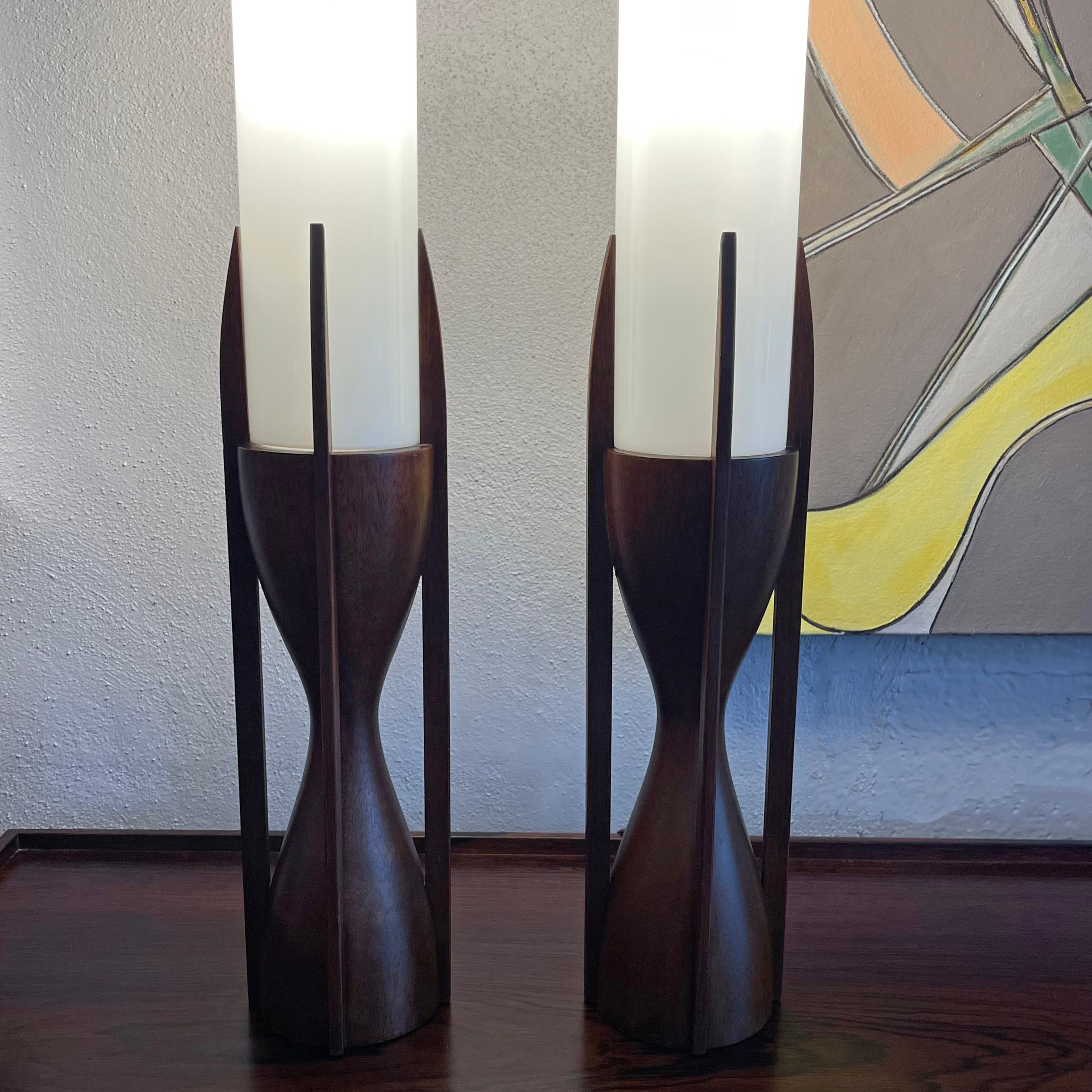 Mid-Century Walnut Milk Glass Cylinder Table Lamps By Byron Botker For Modeline For Sale 1