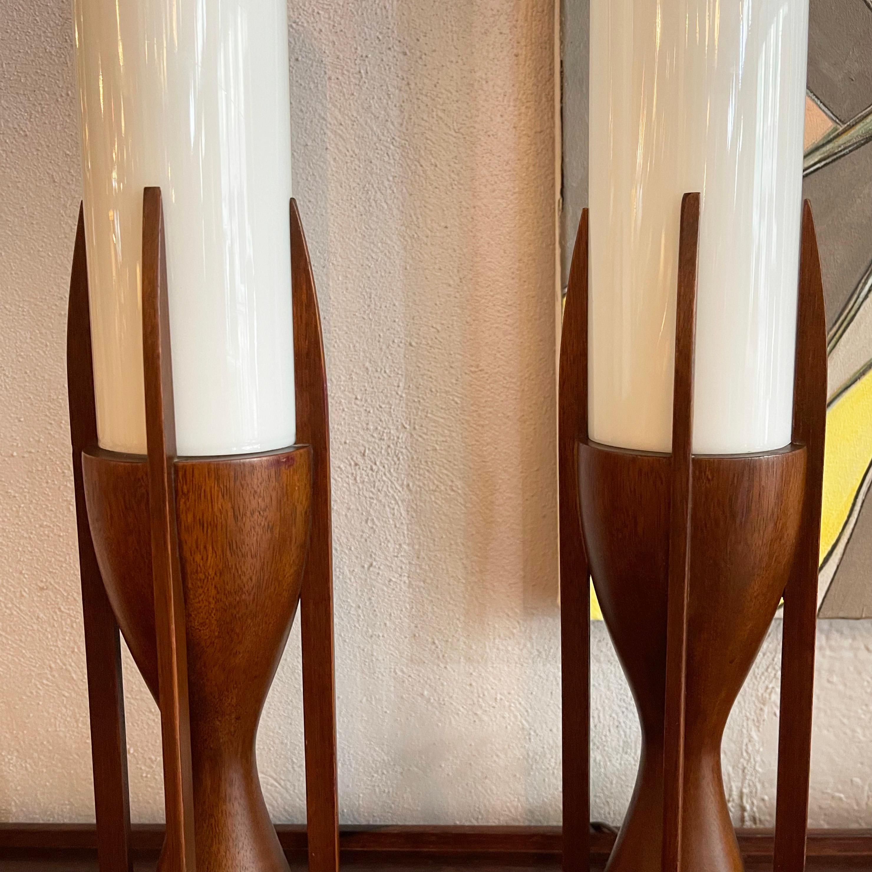 Mid-Century Walnut Milk Glass Cylinder Table Lamps By Byron Botker For Modeline For Sale 2