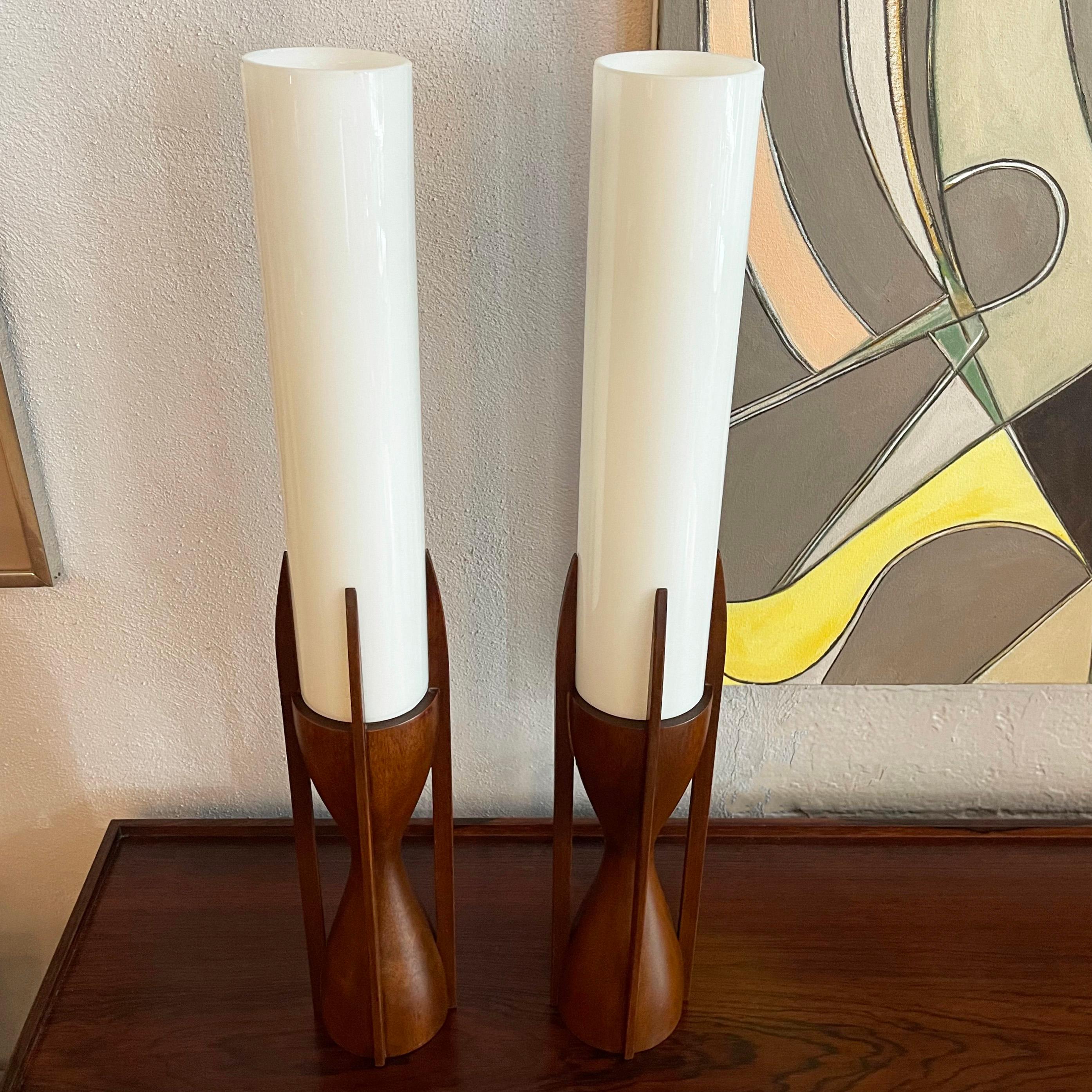 Mid-Century Walnut Milk Glass Cylinder Table Lamps By Byron Botker For Modeline For Sale 3