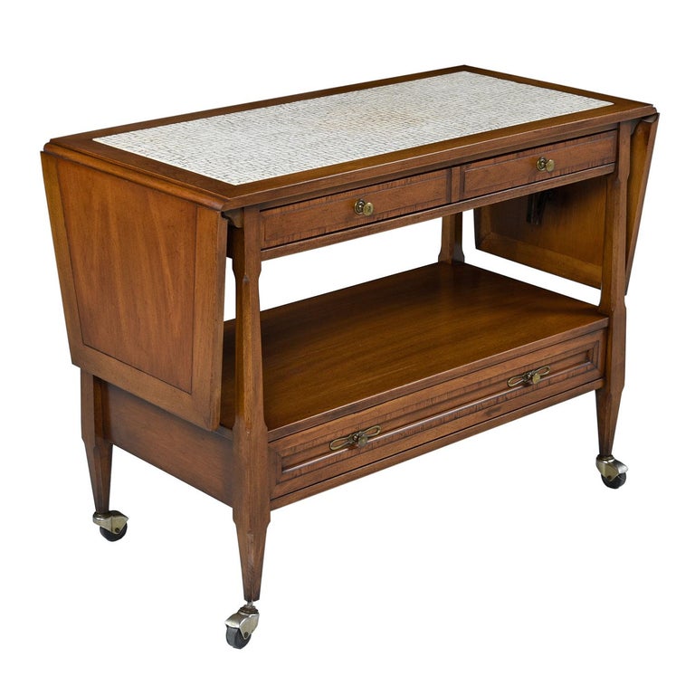 Midcentury Walnut Mosaic Tile Brass Accent Bar Cart Server Buffet by White at 1stDibs white