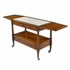 Midcentury Walnut Mosaic Tile Brass Accent Bar Cart Server Buffet by White