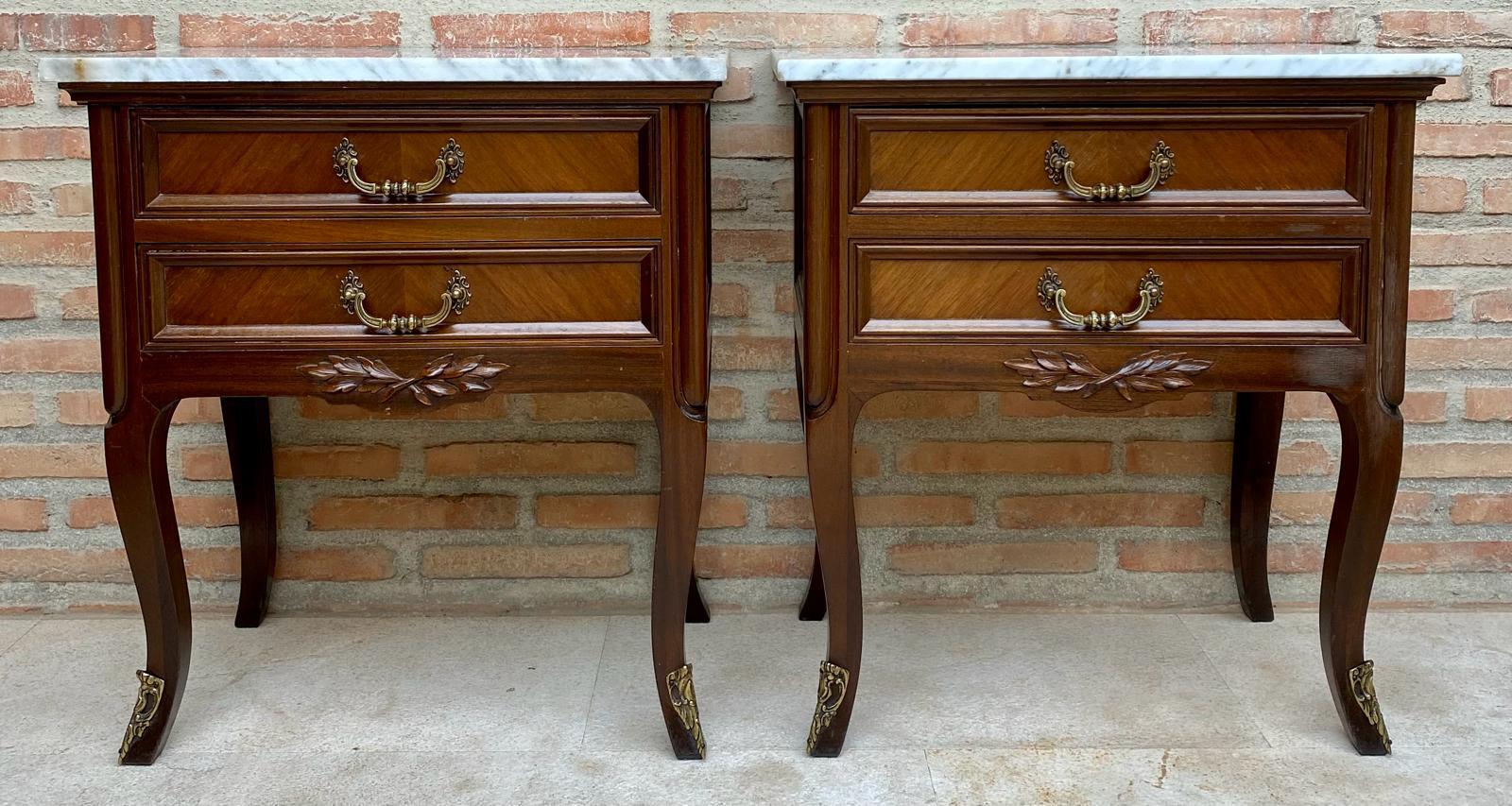 Mid-Century Modern Mid-Century Walnut Nightstands with Drawers and Marble Tops, 1950s, Set of 2 For Sale