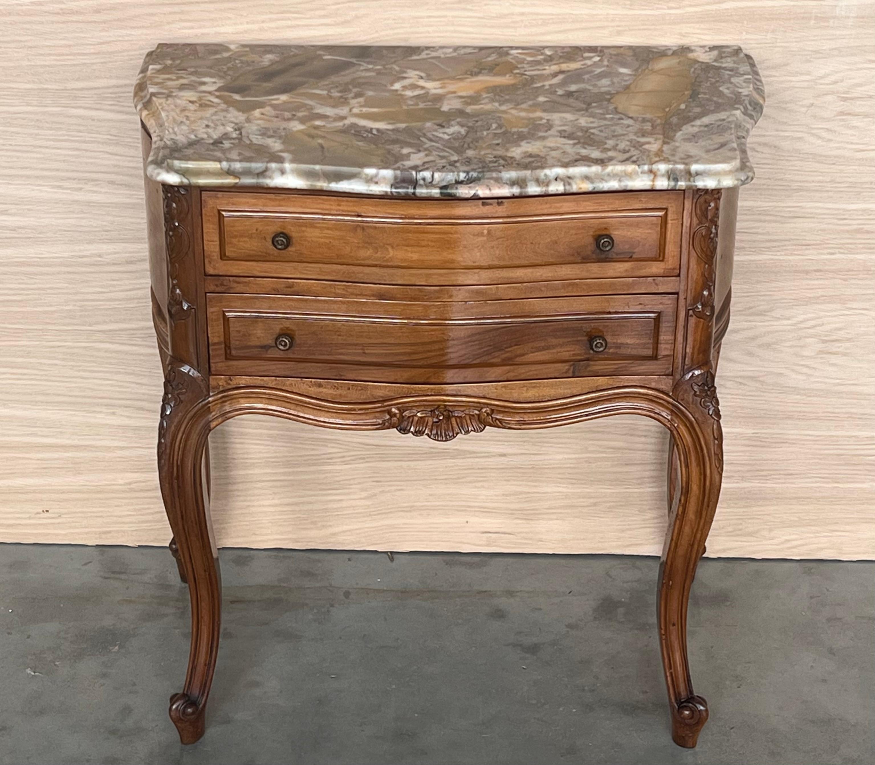 Mid-Century Modern Mid-Century Walnut Nightstands with Drawers and Marble Tops, 1950s, Set of 2