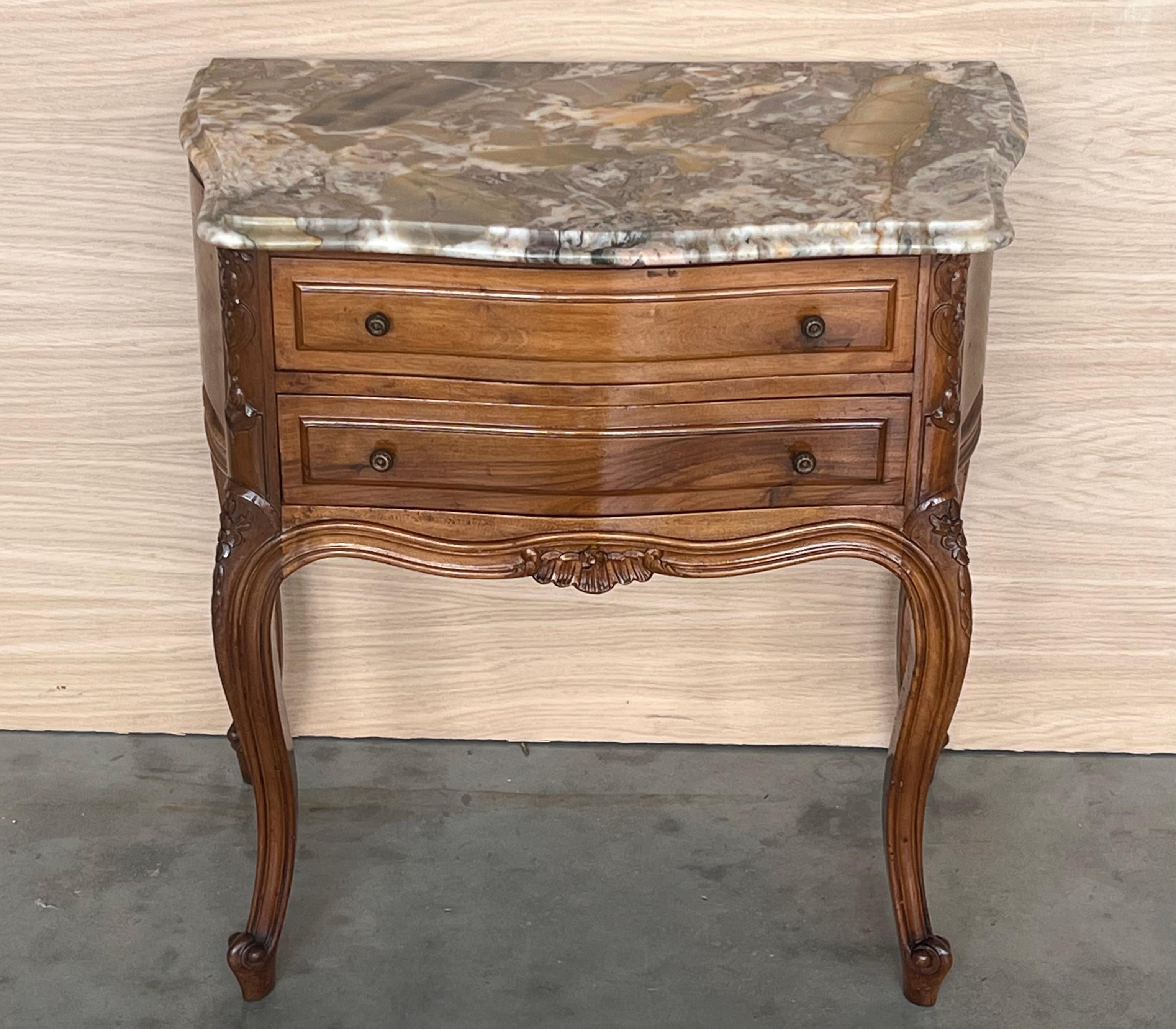 Mid-Century Modern Mid-Century Walnut Nightstands with Drawers and Marble Tops, 1950s, Set of 2 For Sale