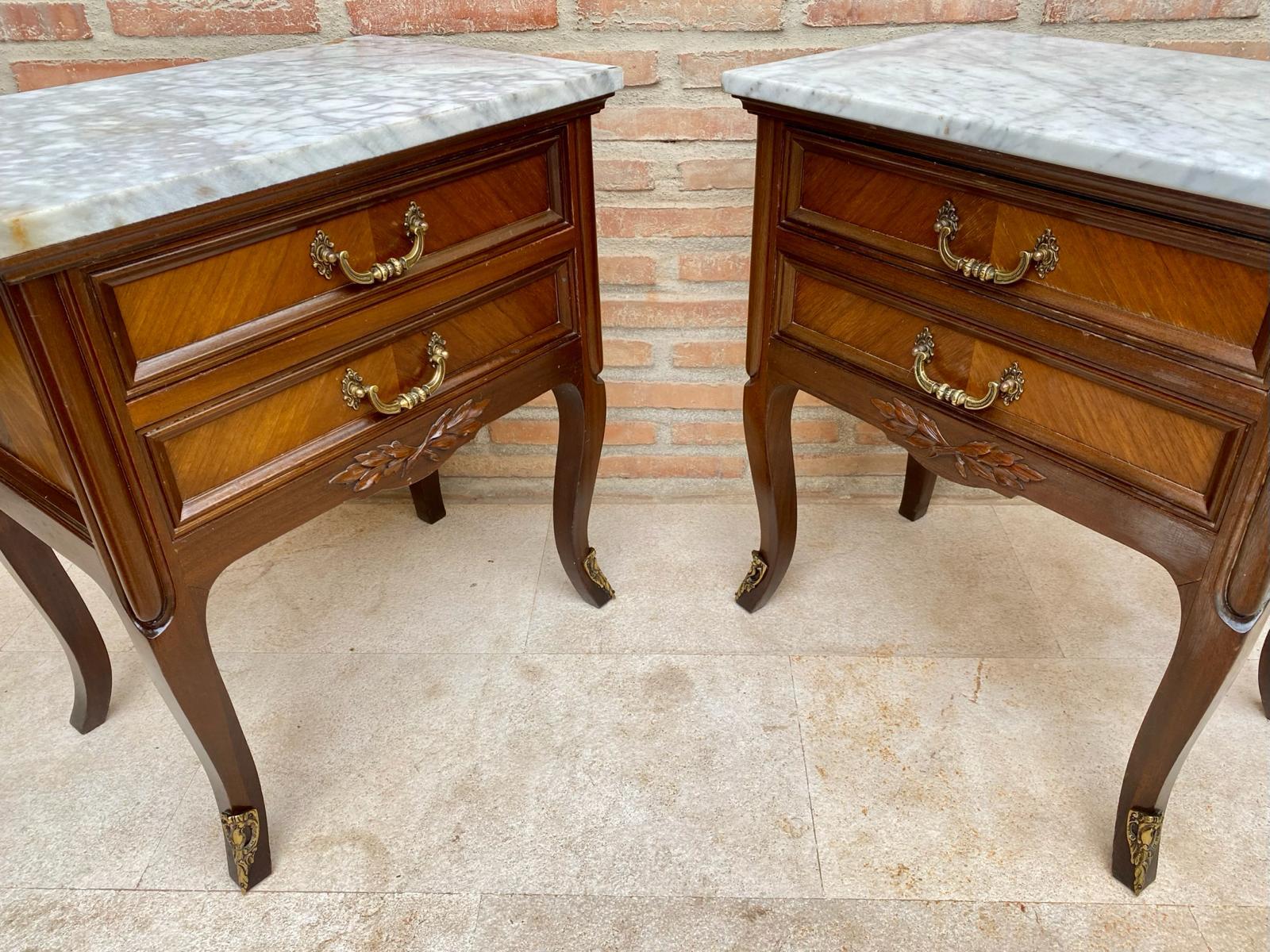 Spanish Mid-Century Walnut Nightstands with Drawers and Marble Tops, 1950s, Set of 2 For Sale