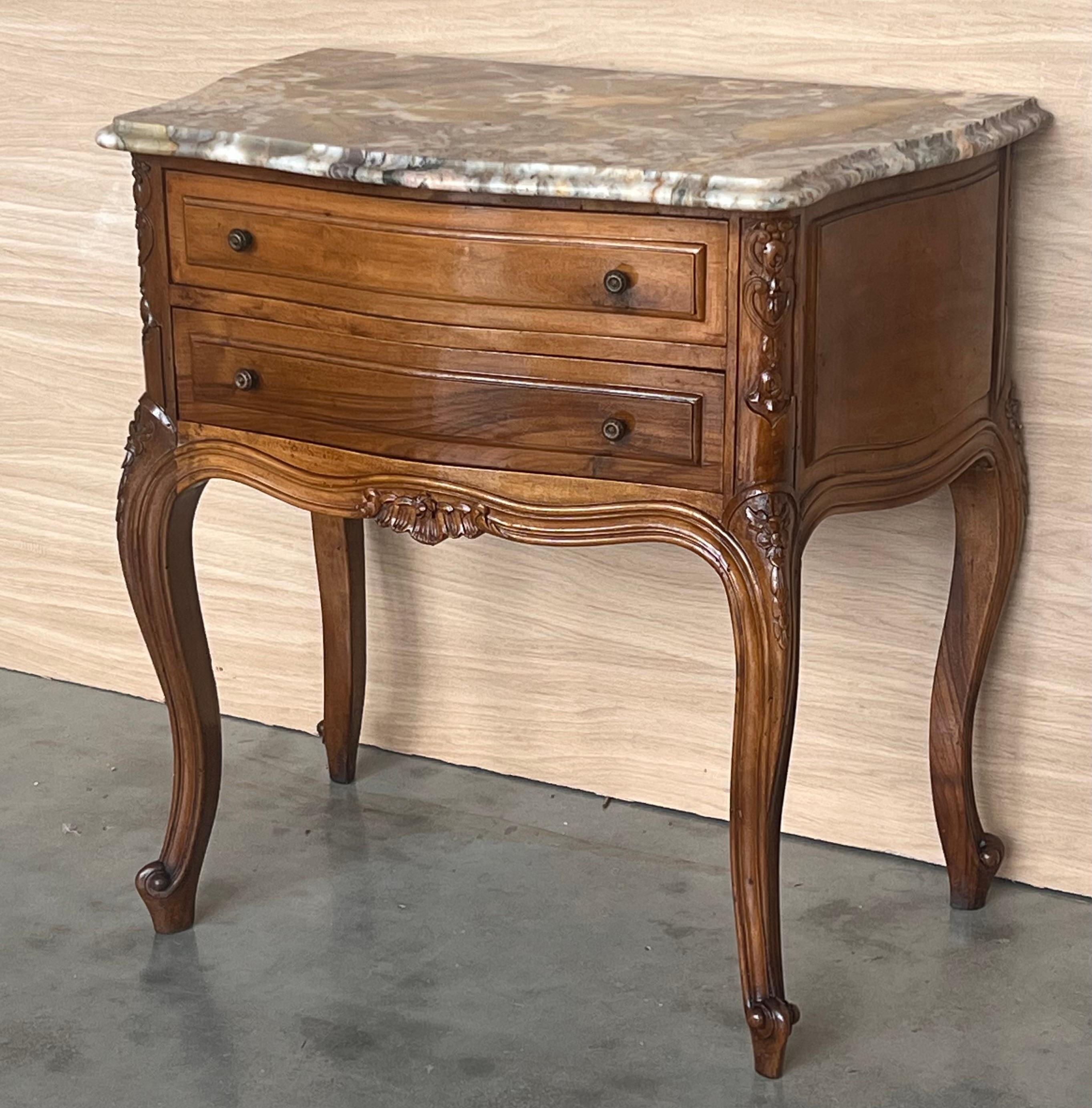 Spanish Mid-Century Walnut Nightstands with Drawers and Marble Tops, 1950s, Set of 2 For Sale