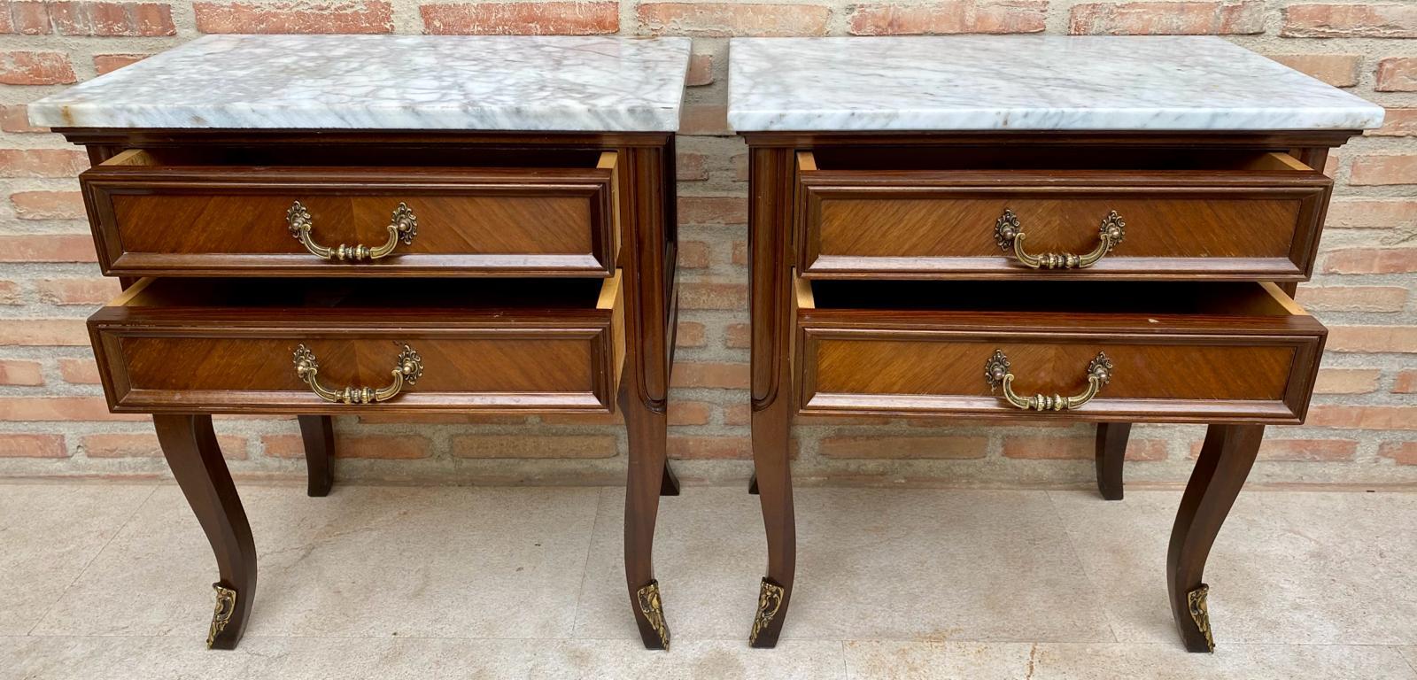 Mid-Century Walnut Nightstands with Drawers and Marble Tops, 1950s, Set of 2 For Sale 1