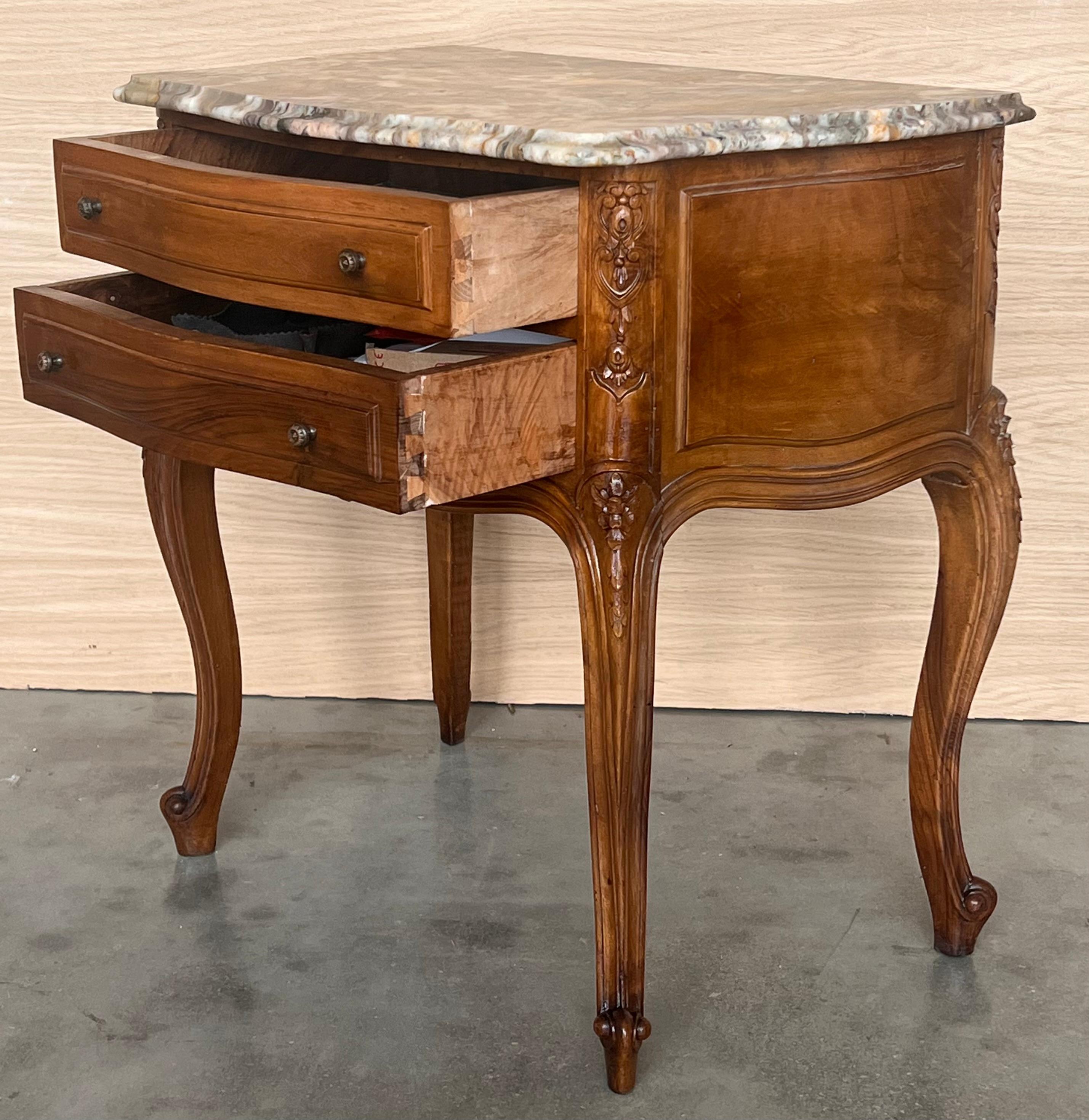 Mid-Century Walnut Nightstands with Drawers and Marble Tops, 1950s, Set of 2 For Sale 1