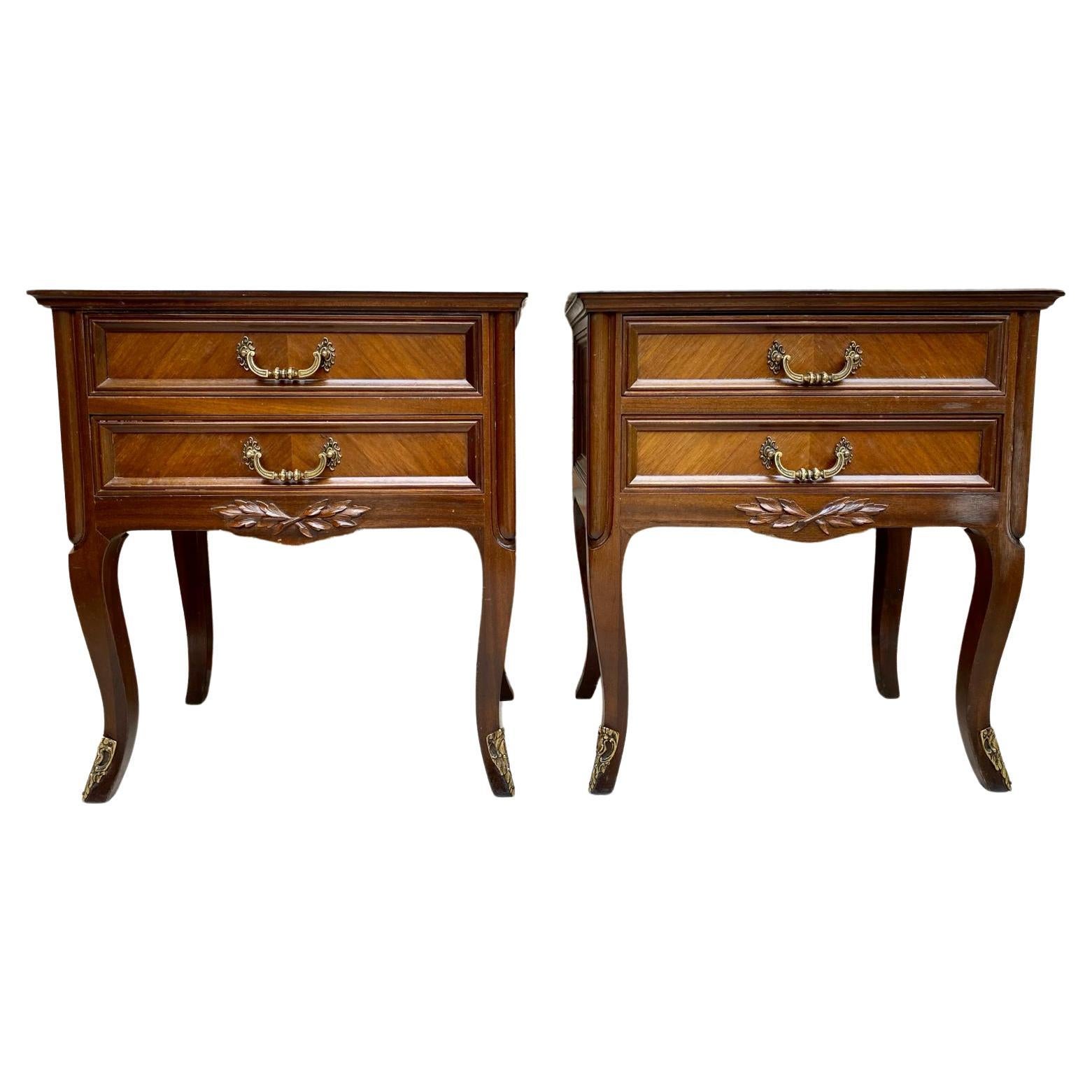 Mid-Century Walnut Nightstands with Drawers and Marble Tops, 1950s, Set of 2 For Sale