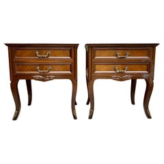 Used Mid-Century Walnut Nightstands with Drawers and Marble Tops, 1950s, Set of 2