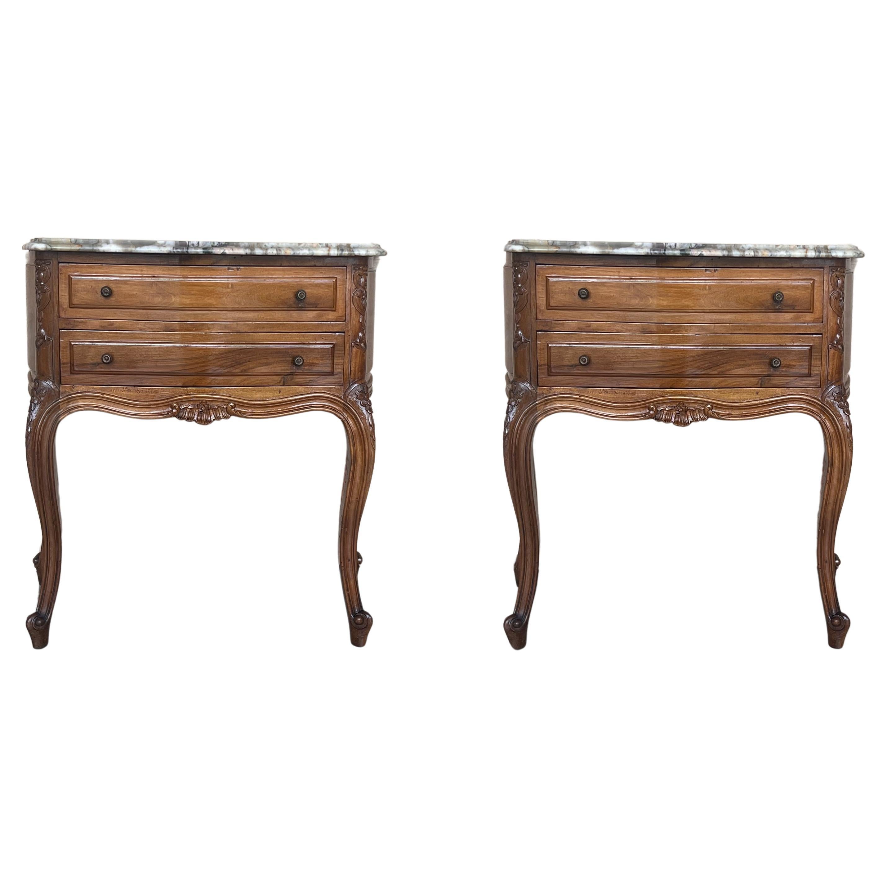 Mid-Century Walnut Nightstands with Drawers and Marble Tops, 1950s, Set of 2 For Sale