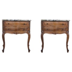Antique Mid-Century Walnut Nightstands with Drawers and Marble Tops, 1950s, Set of 2
