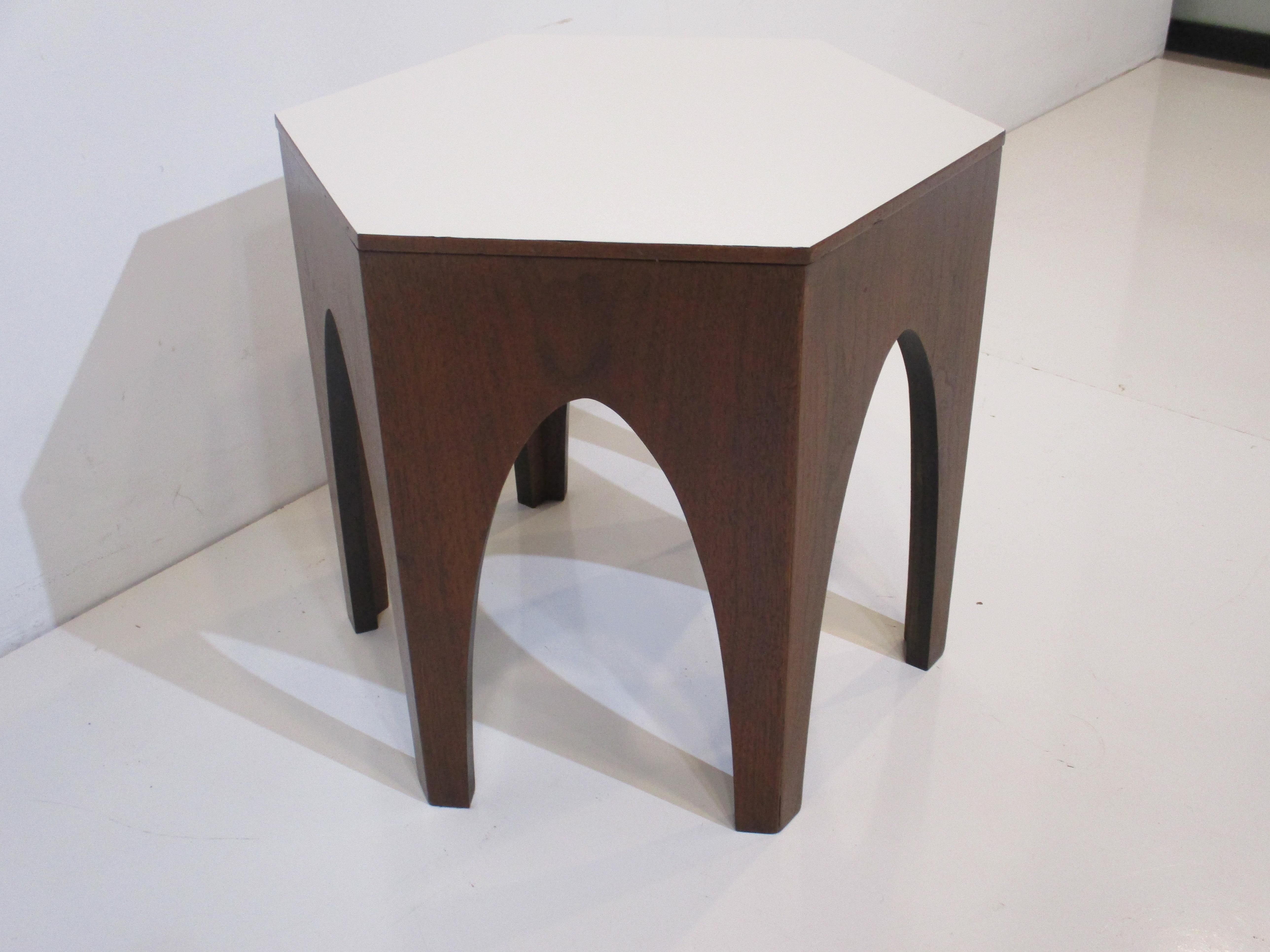 Laminate Midcentury Walnut Octagon Side / End Table For Sale
