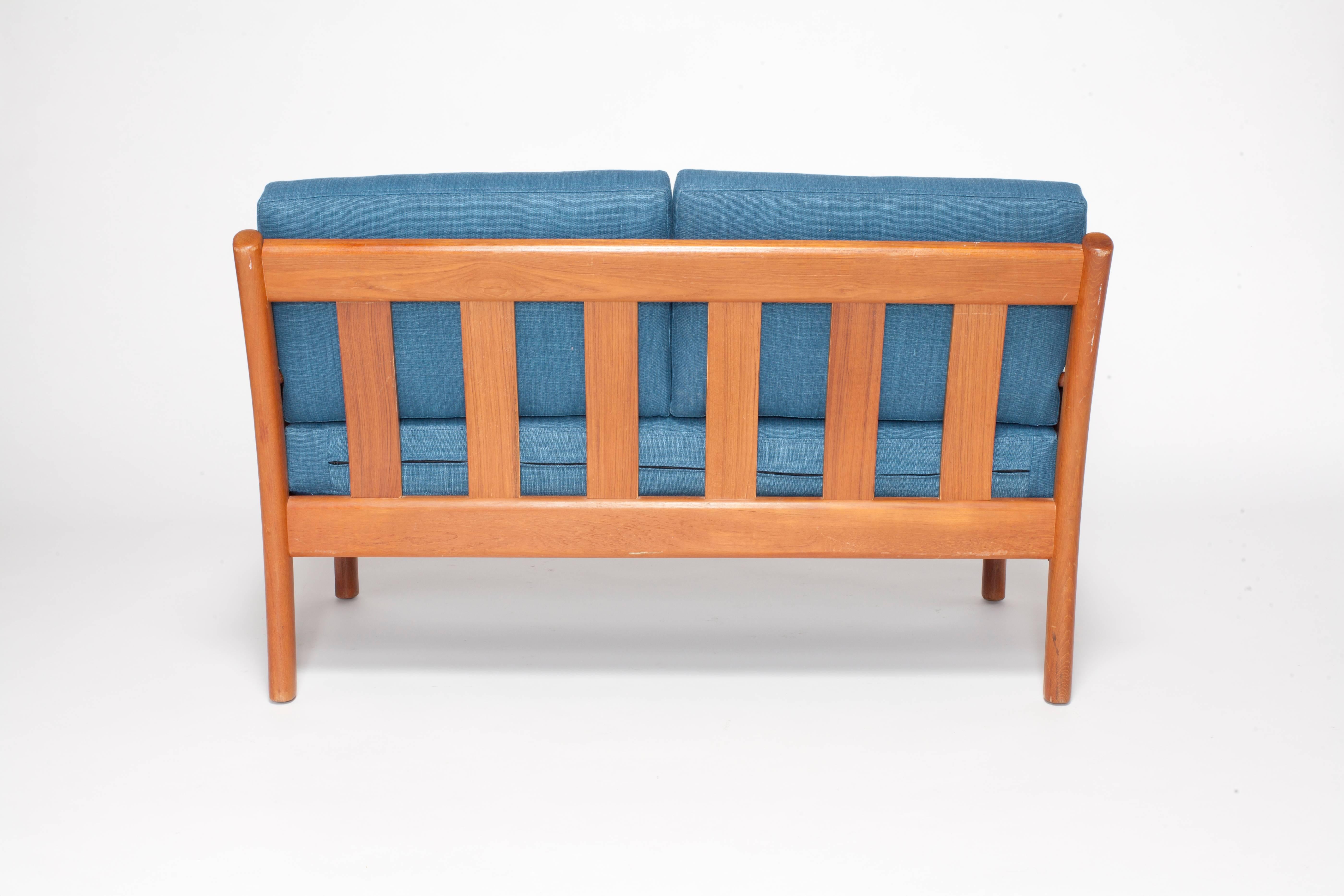 Mid-20th Century Midcentury Walnut Open Framed Settee Upholstered in Blue Linen