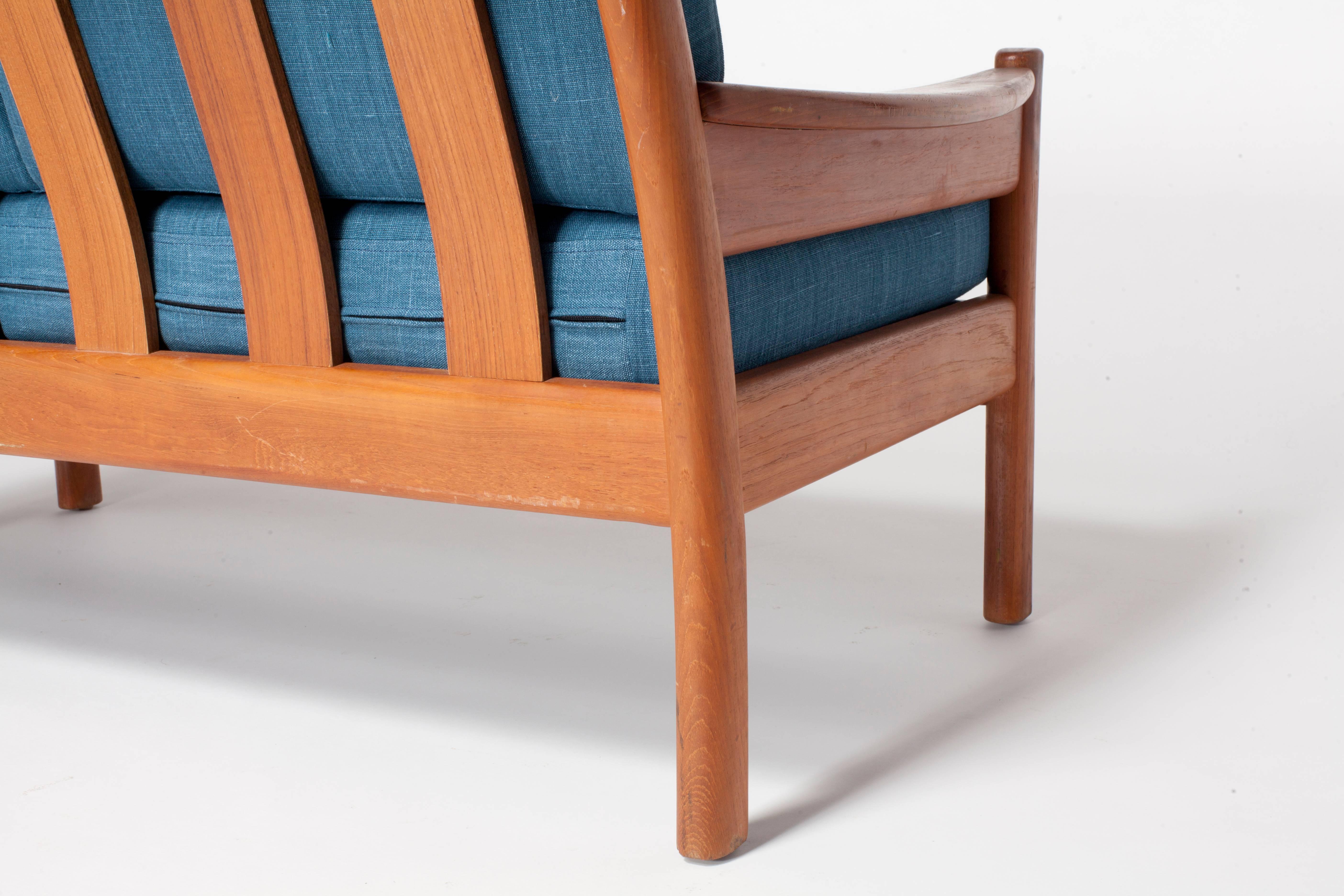 Wood Midcentury Walnut Open Framed Settee Upholstered in Blue Linen