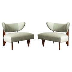 Mid-Century Walnut & Pale Aquamarine Velvet Slipper Chairs