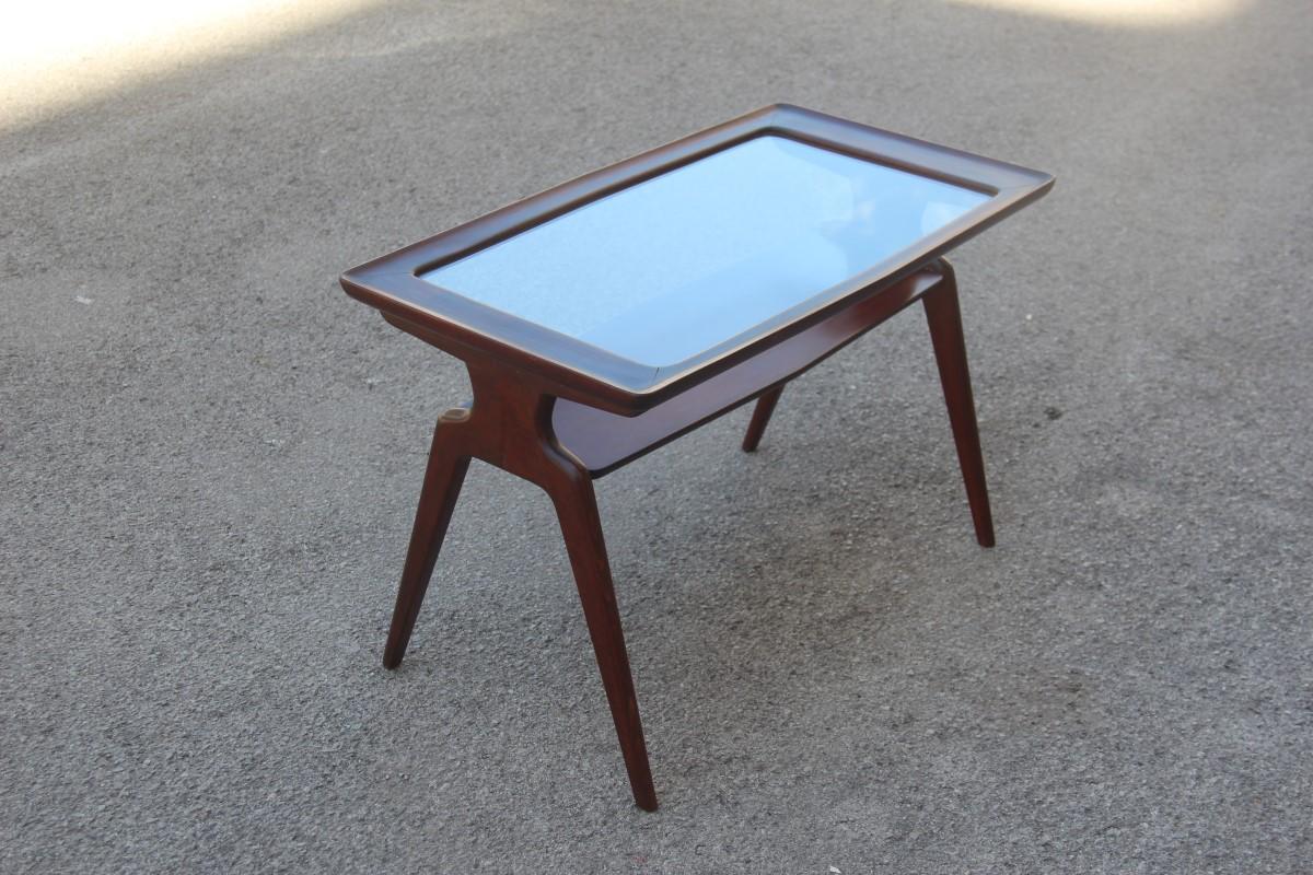 Midcentury Walnut Rectangular Table Coffe Italian Design 1950 Glass Top In Good Condition For Sale In Palermo, Sicily