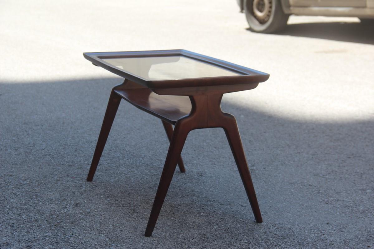 Midcentury walnut rectangular table coffee Italian design 1950 glass top.