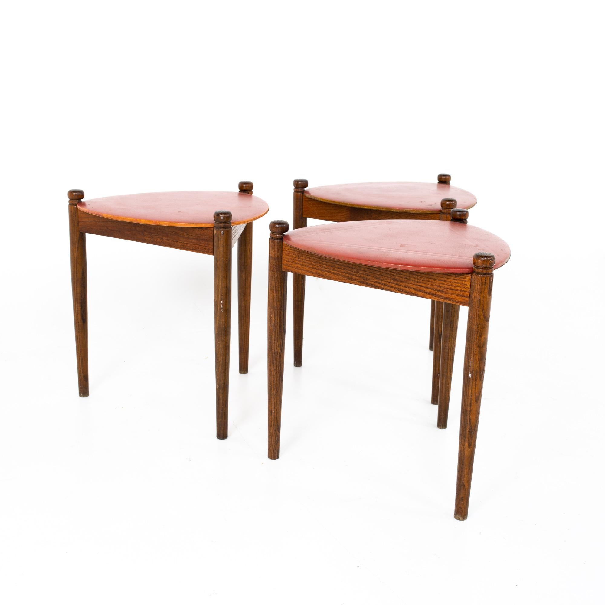 Mid century walnut reversible top nesting stool side end tables
Stool table measures: 16.5 high x 16.5 deep x 17.75 high

All pieces of furniture can be had in what we call restored vintage condition. That means the piece is restored upon