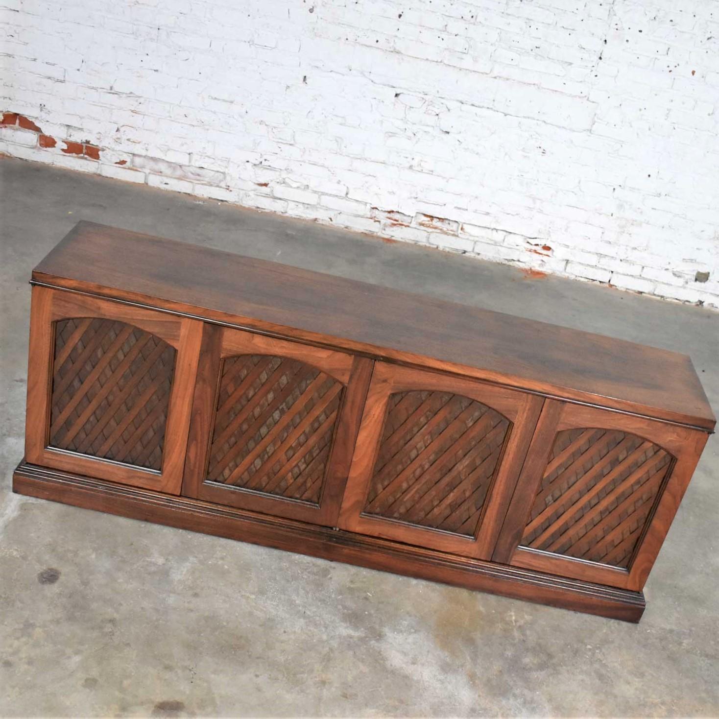 Midcentury Walnut Semi-Distressed Diamond Lattice Credenza Shallow Depth 1